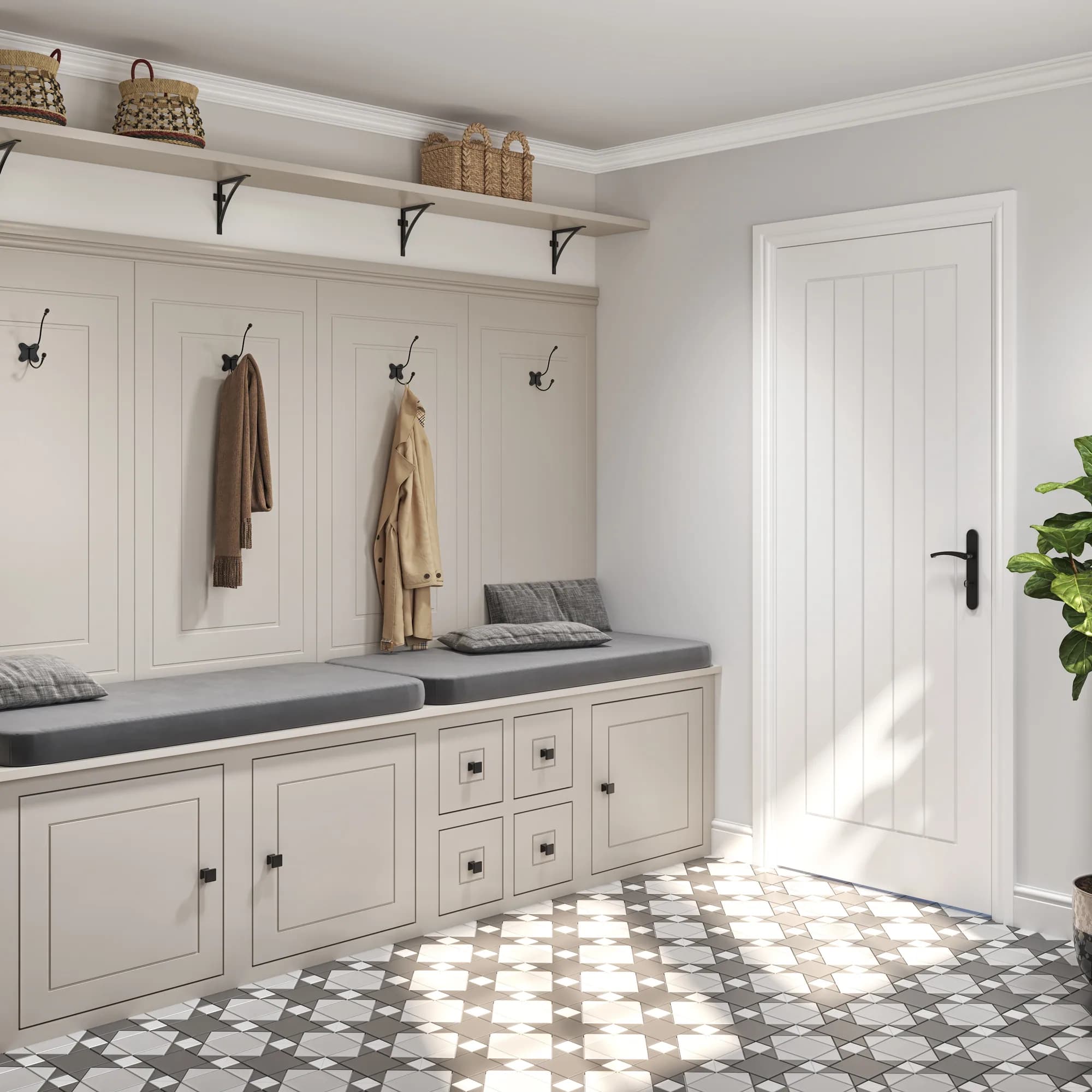 Classic wall panelling shown in a bright boot-room CGI setting