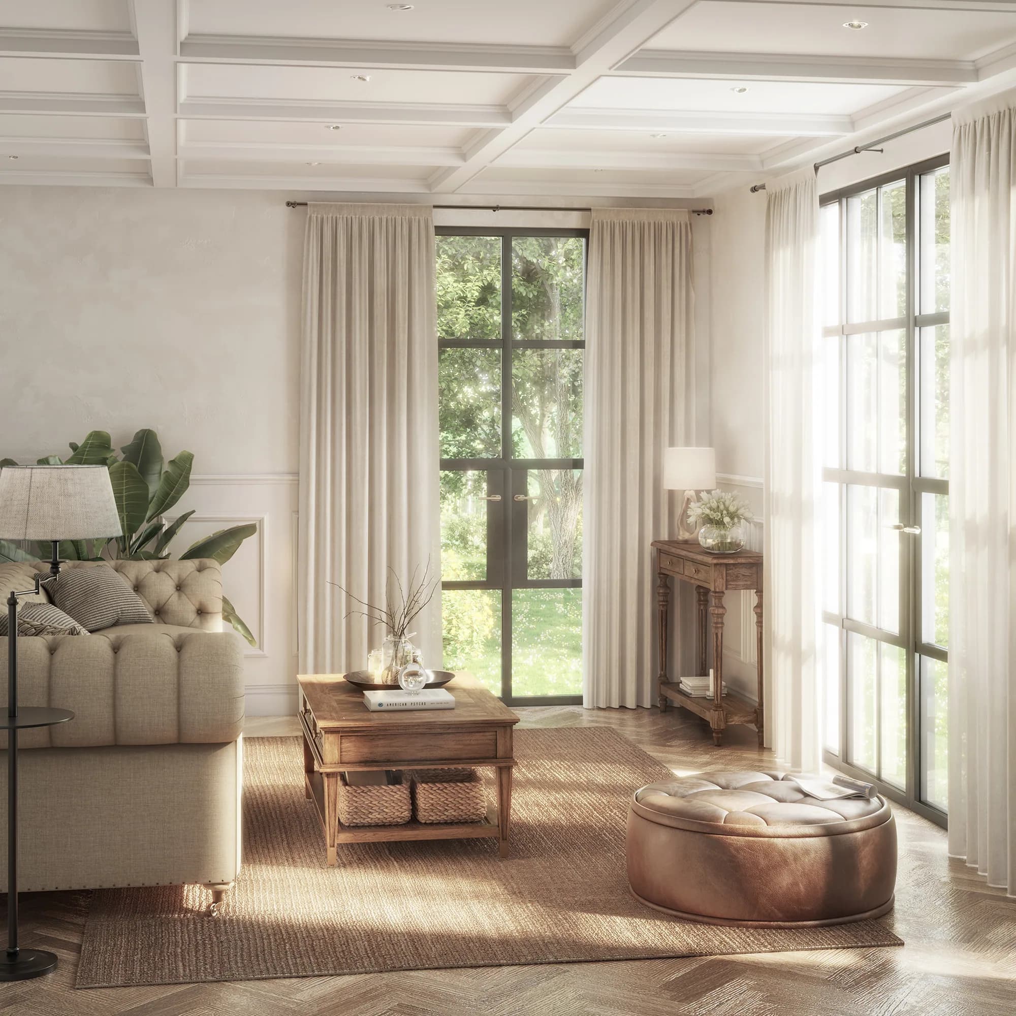 Coffered ceiling and decorative mouldings shown in a lounge CGI scene
