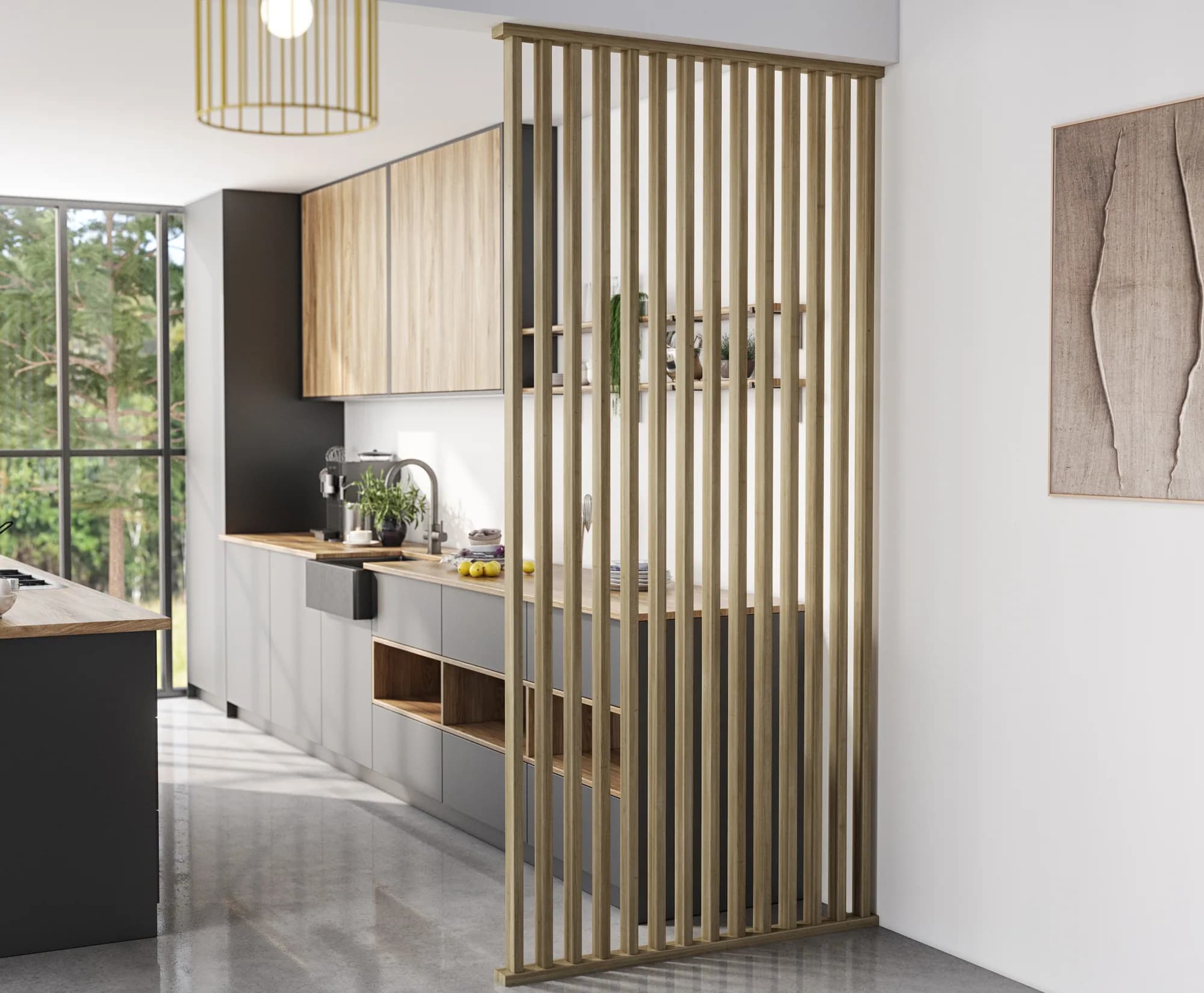 Oak slatted room divider shown in a contemporary kitchen lifestyle CGI scene