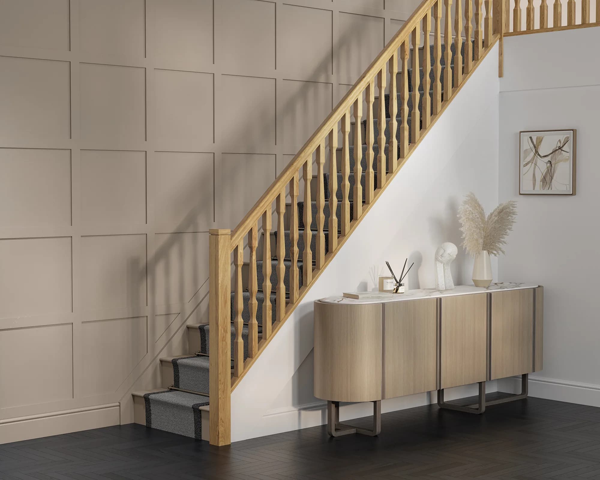 Oak stairparts and shaker wall panelling shown in a Cheshire Mouldings lifestyle CGI roomset