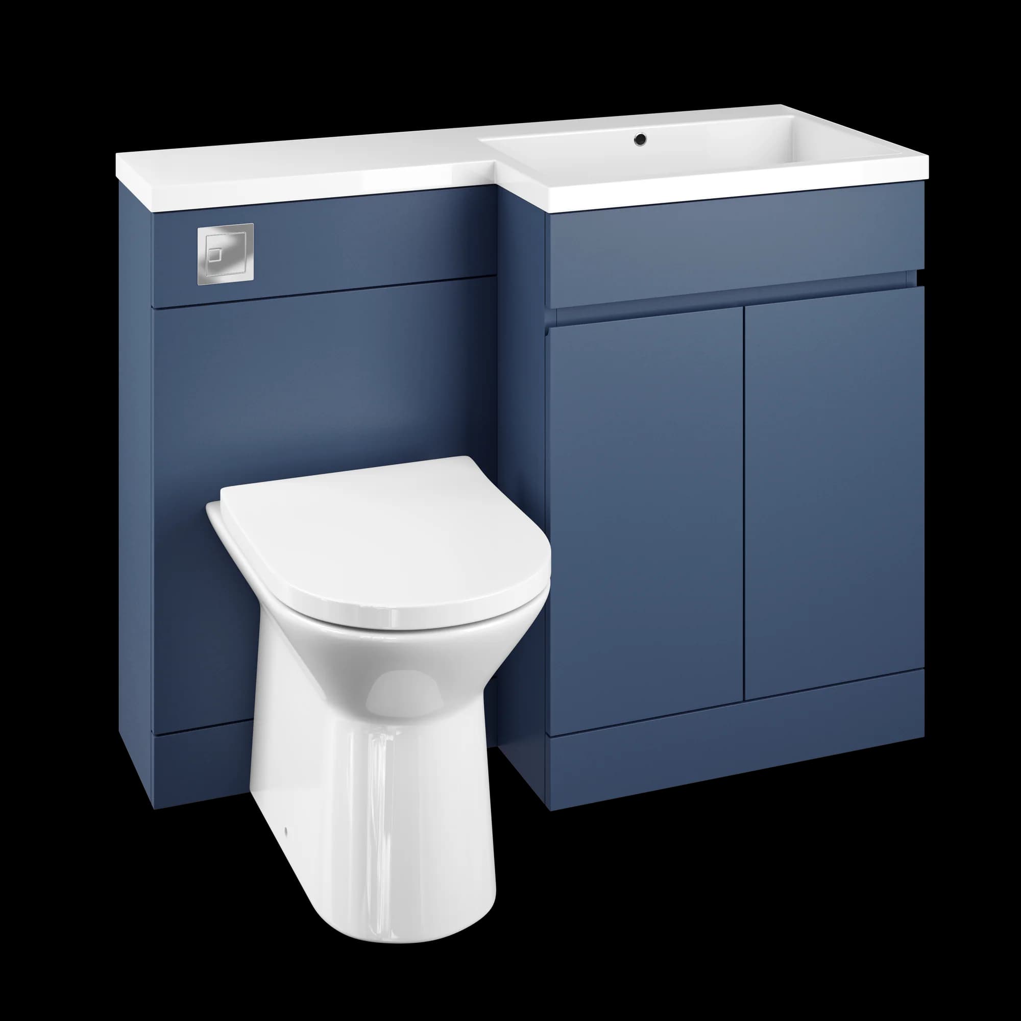Blue bathroom furniture, basin and toilet set presented as a clean product CGI cutout