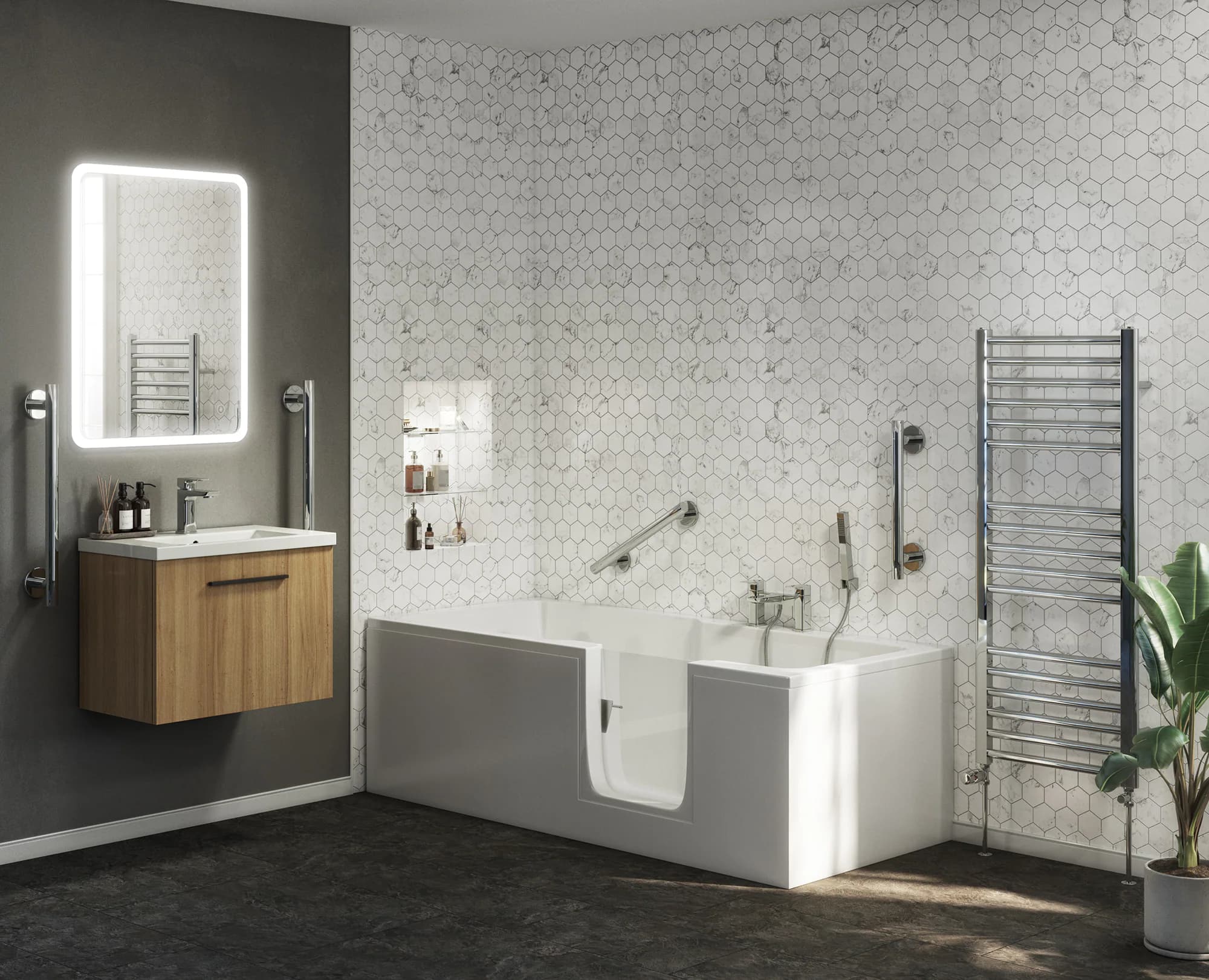 Independent Living bathroom CGI with accessible bath, vanity and coordinated support products