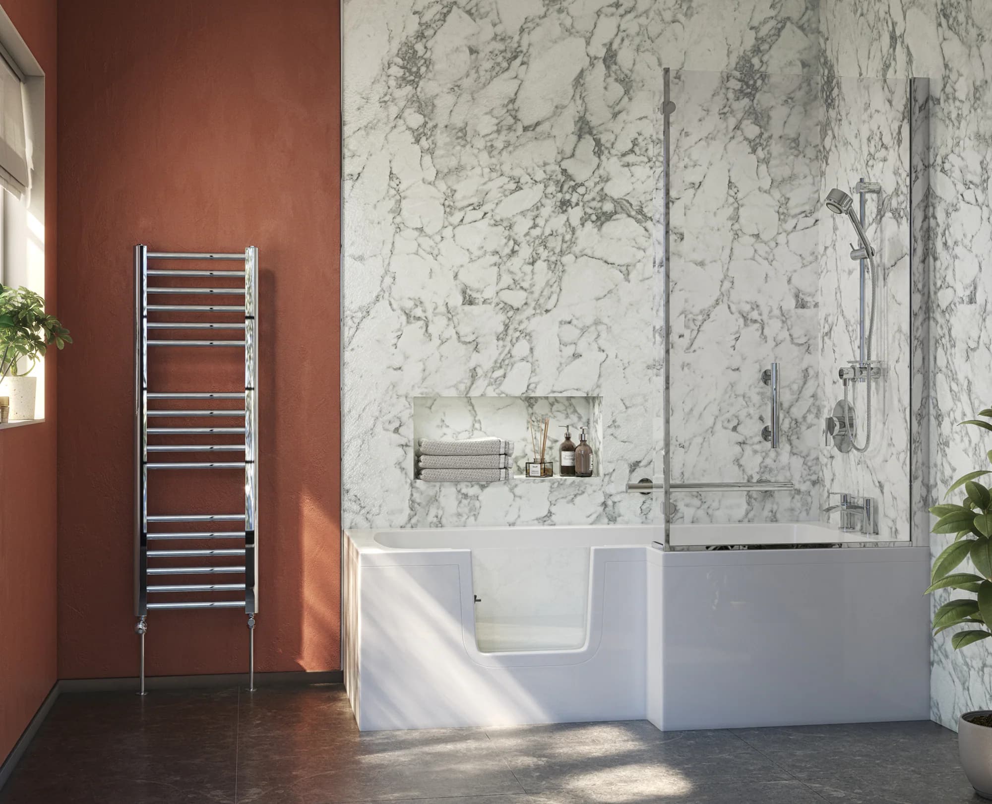 Independent Living bathroom CGI with an accessible bath and coordinated shower fittings