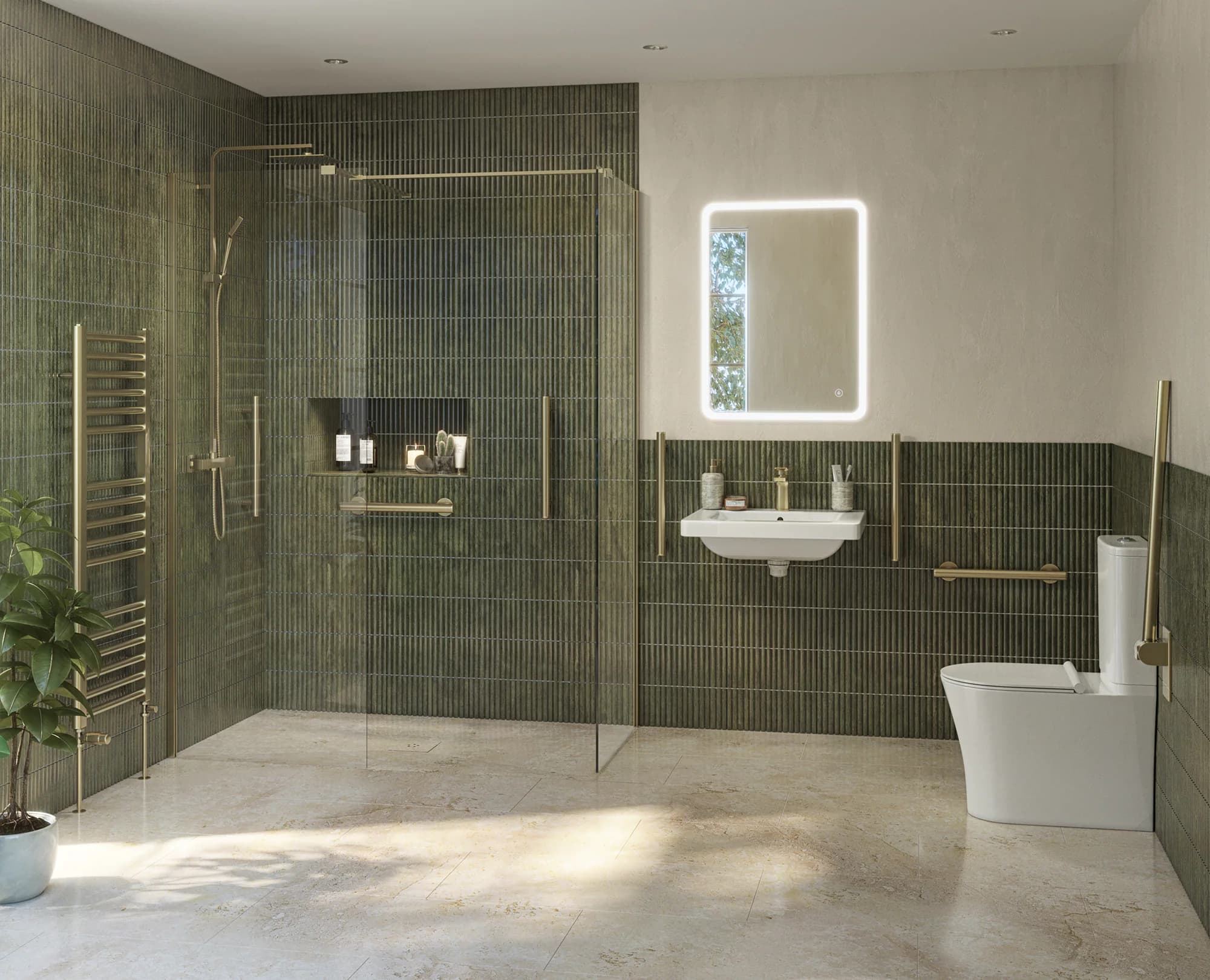 Aspirational Independent Living wetroom CGI with accessible shower, basin, toilet and support rails