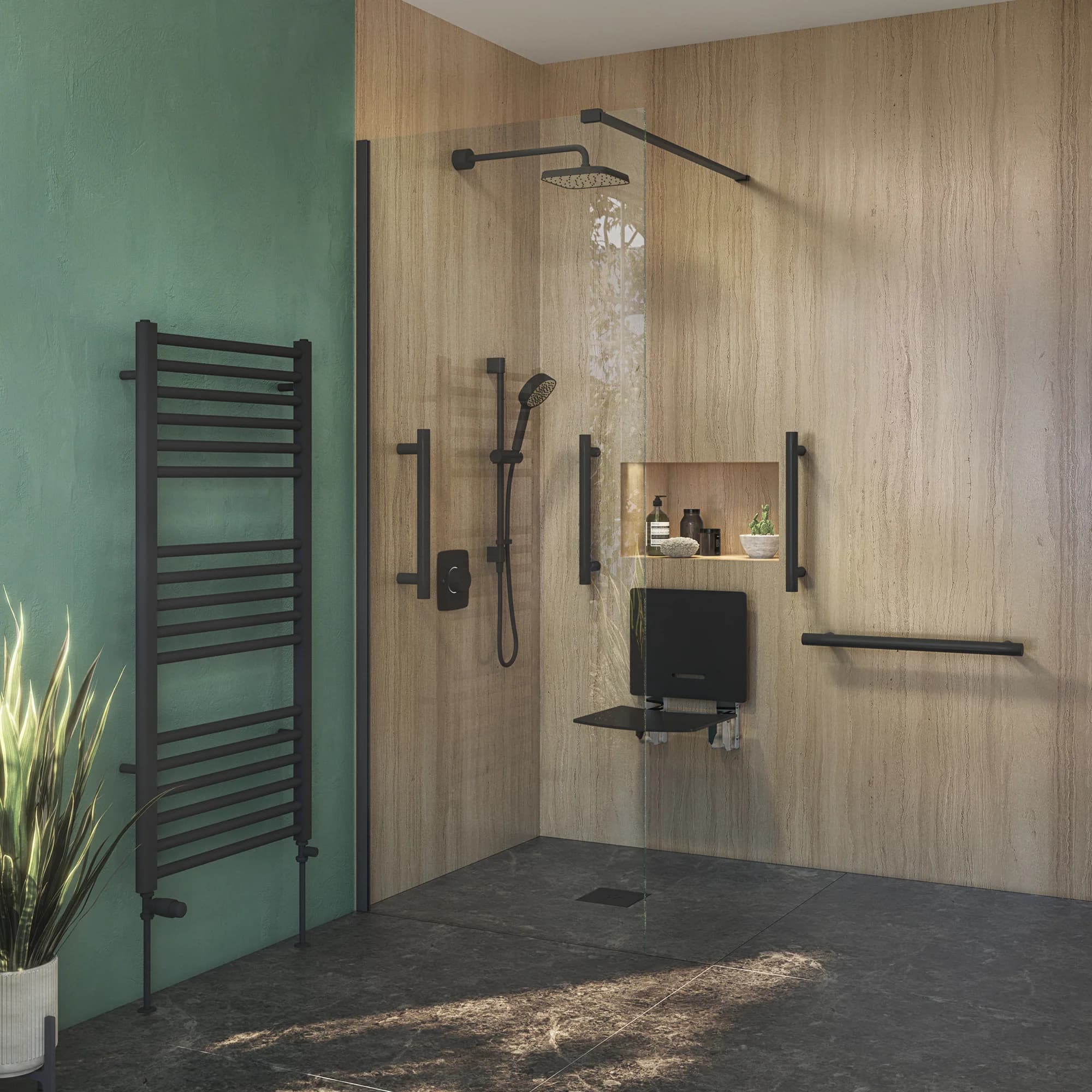 Independent Living walk-in shower CGI with fold-down seat, support rails and accessible controls