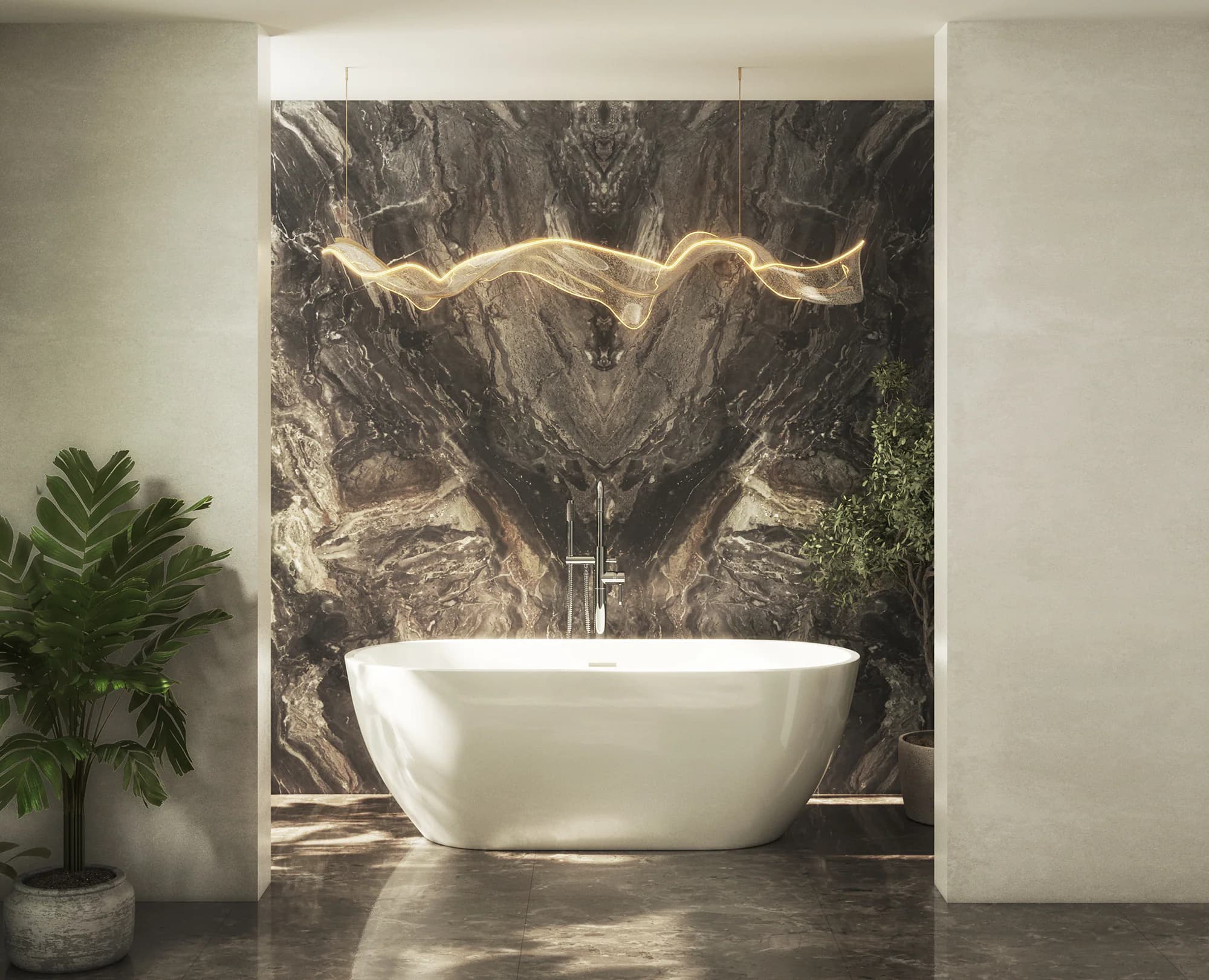 Scudo Form freestanding bath presented against a bookmatched dark-stone feature wall in a bathroom CGI roomset for Ideal Bathrooms