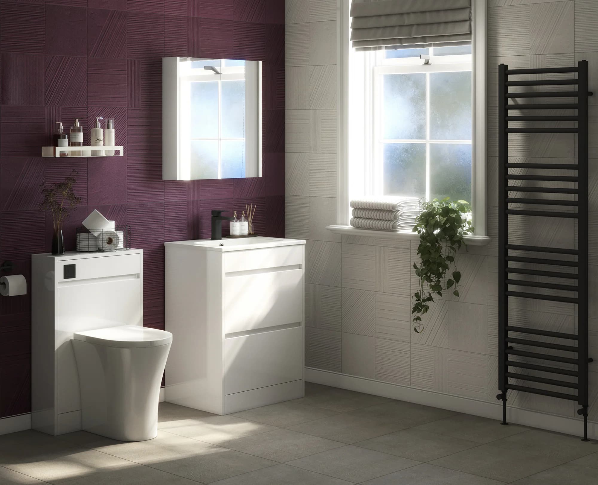 Swan Glebe freestanding bathroom furniture in a burgundy finish CGI variant