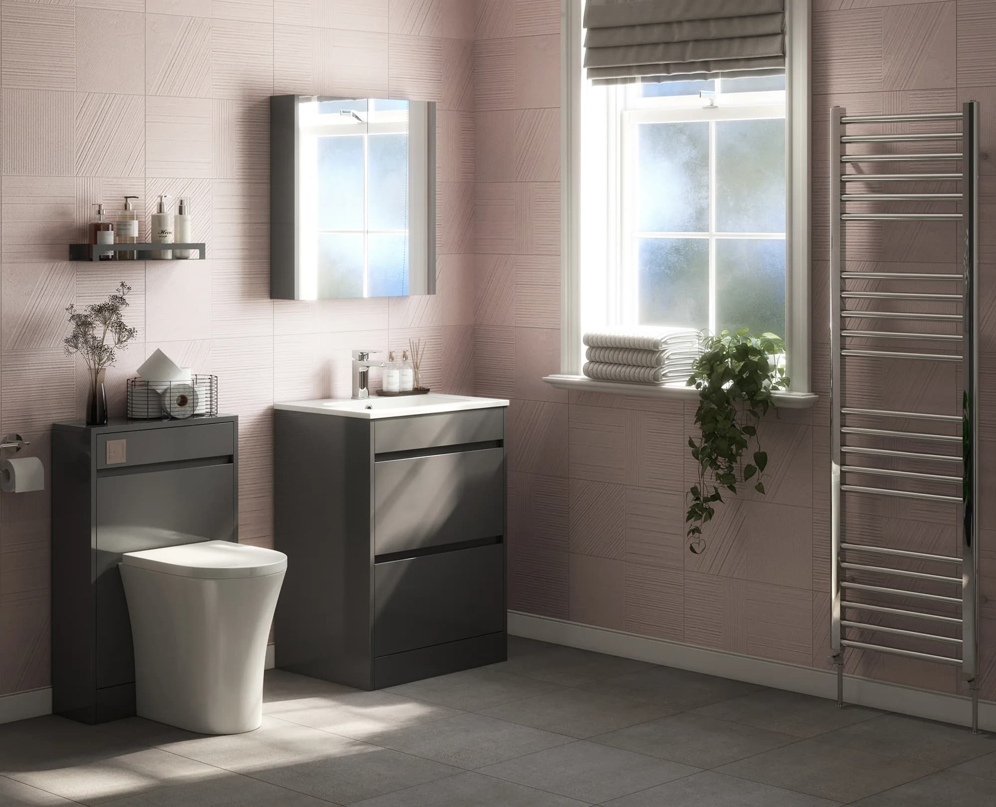 Swan Glebe freestanding bathroom furniture in a charcoal finish CGI variant