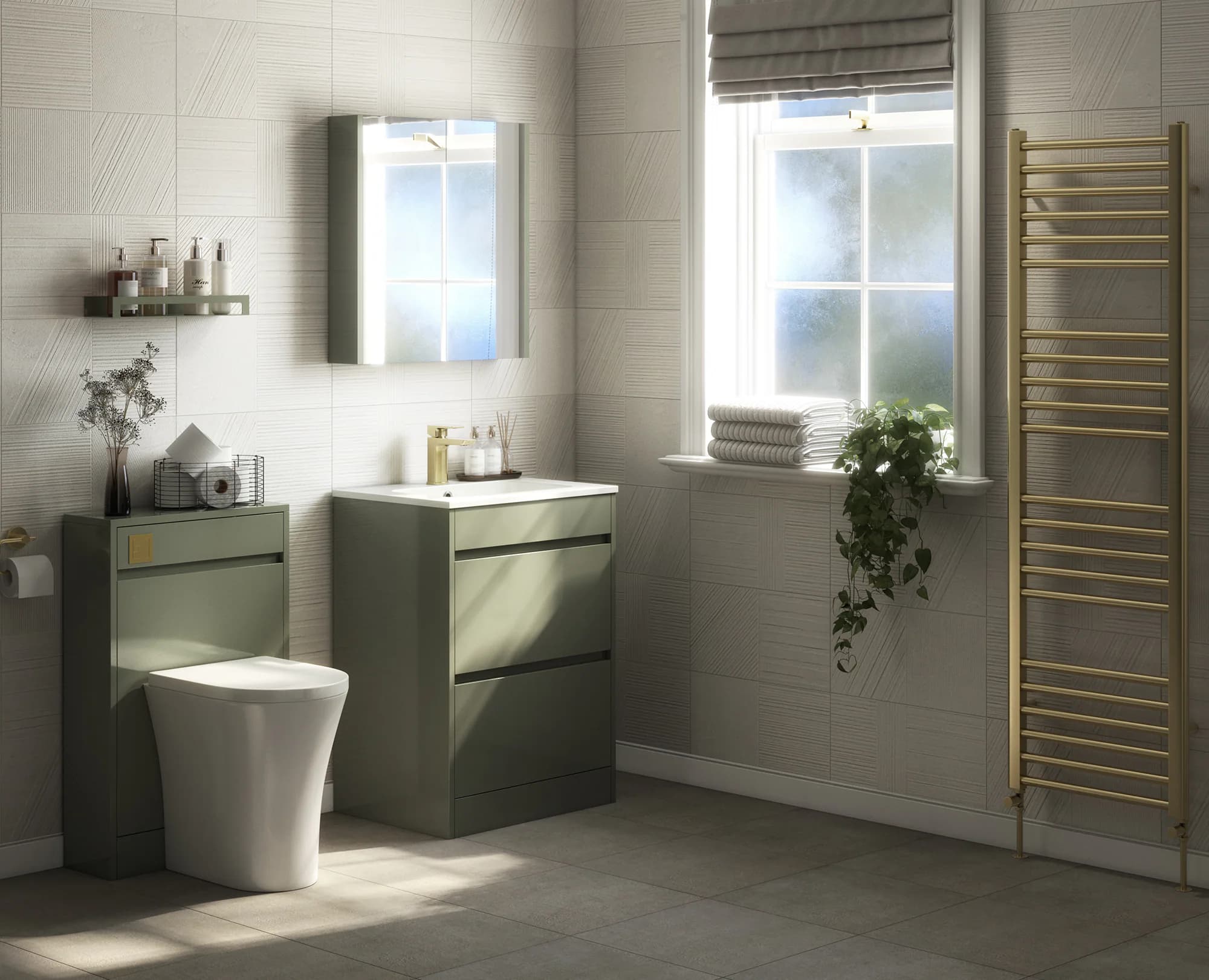 Swan Glebe freestanding bathroom furniture in a green finish CGI variant