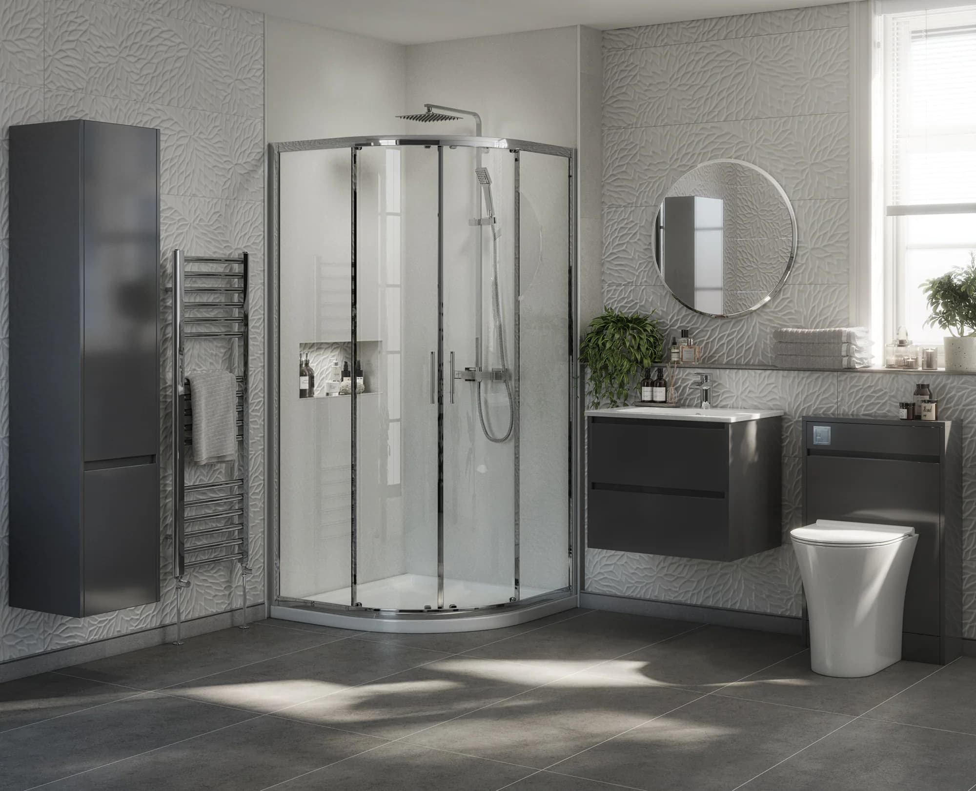 Swan shower enclosure, vanity and sanitaryware arranged in a coordinated bathroom product CGI roomset for Ideal Bathrooms