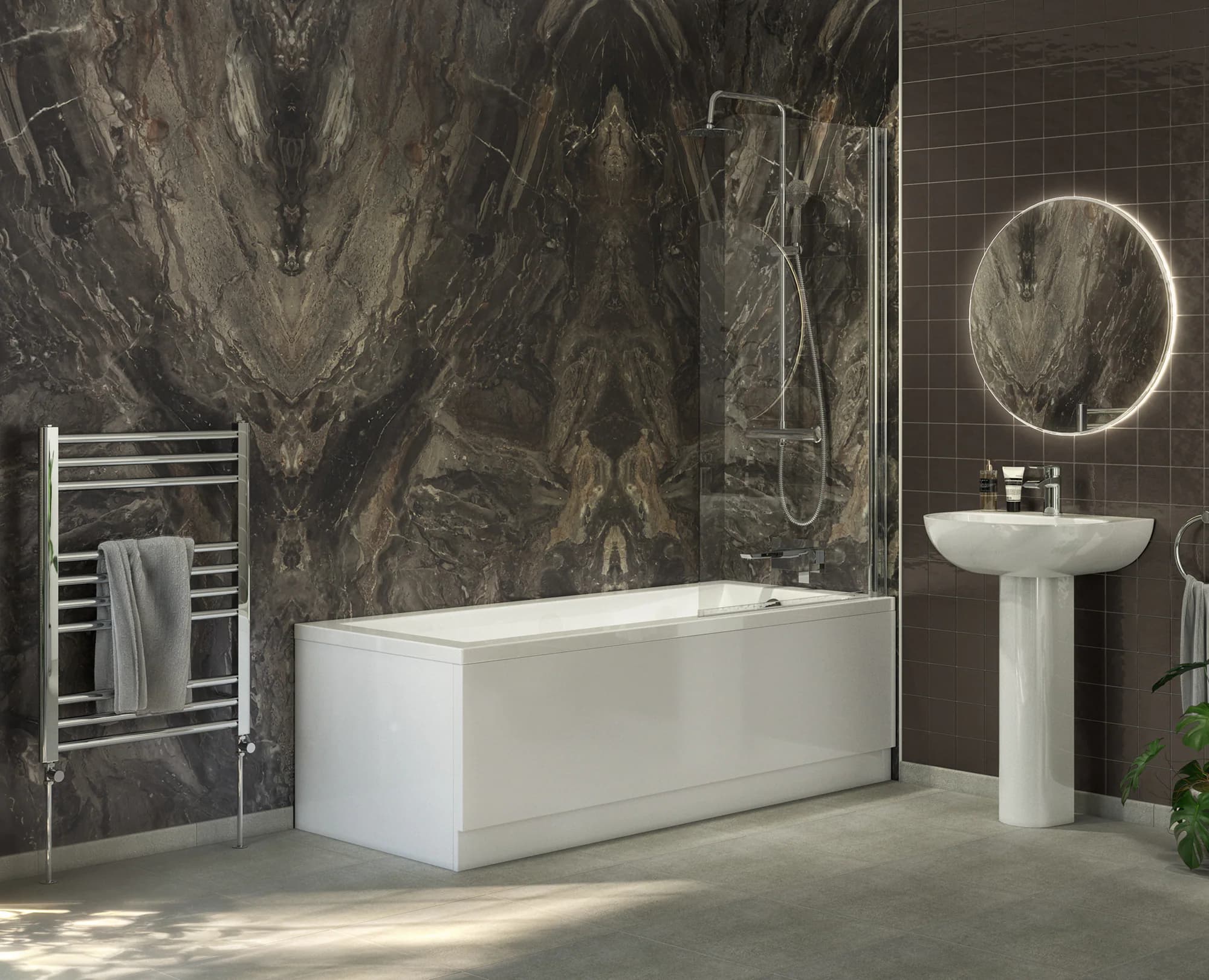 Swan shower bath, basin and brassware shown in a dark-stone bathroom CGI roomset