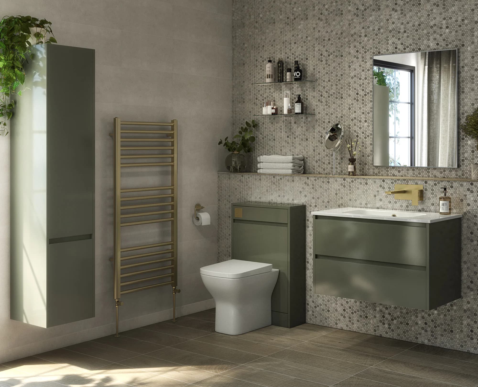 Swan wall-hung vanity shown in a neutral bathroom CGI roomset with coordinated sanitaryware and brassware
