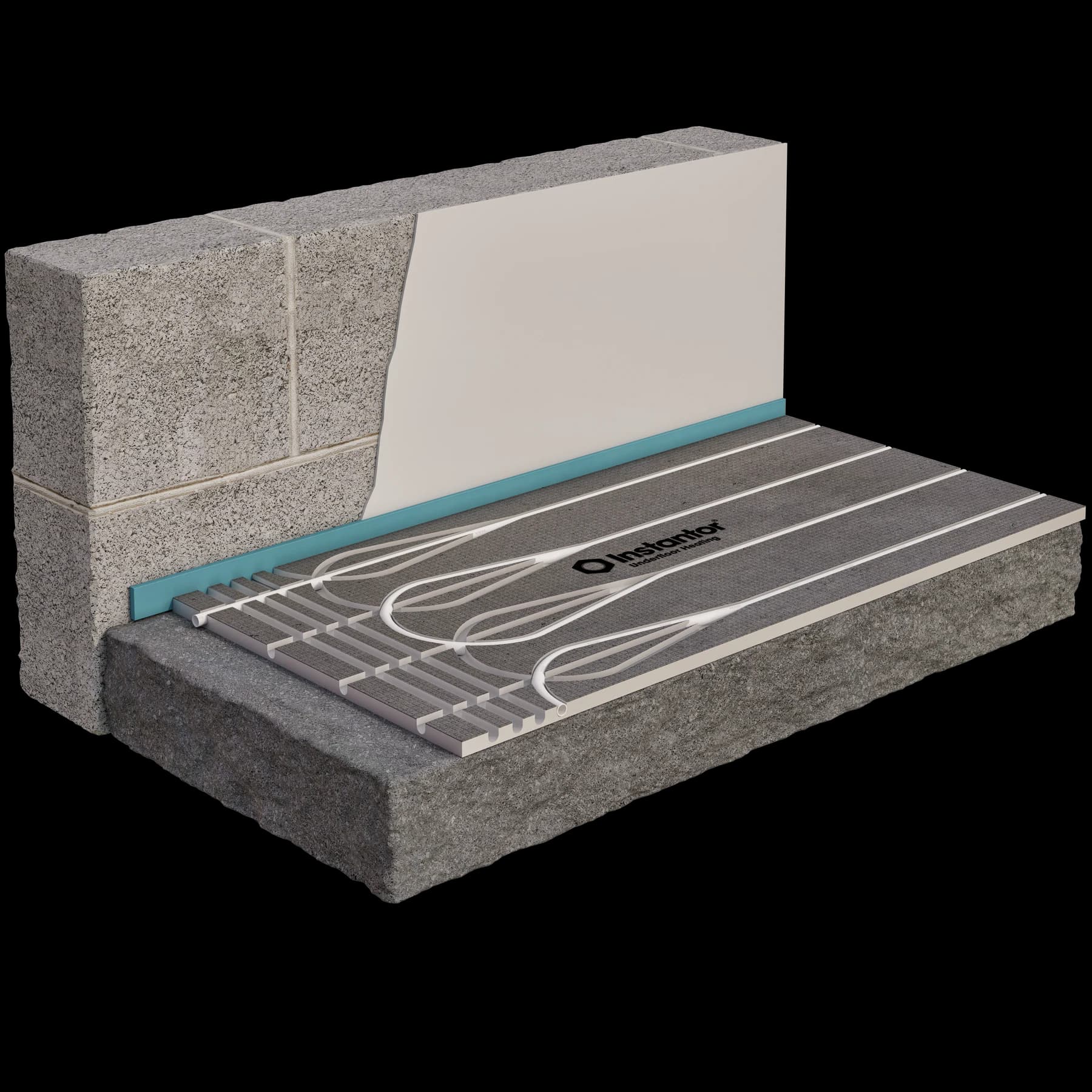 Exploded CGI cutaway of a cement-faced retrofit underfloor-heating panel system