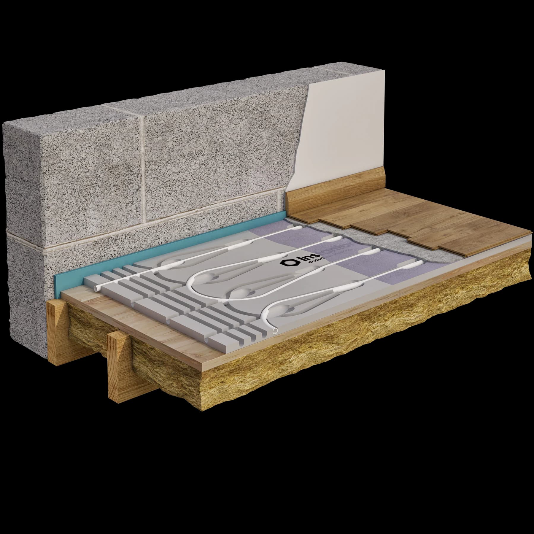 Exploded CGI cutaway of a routed-panel underfloor-heating system beneath a timber floor