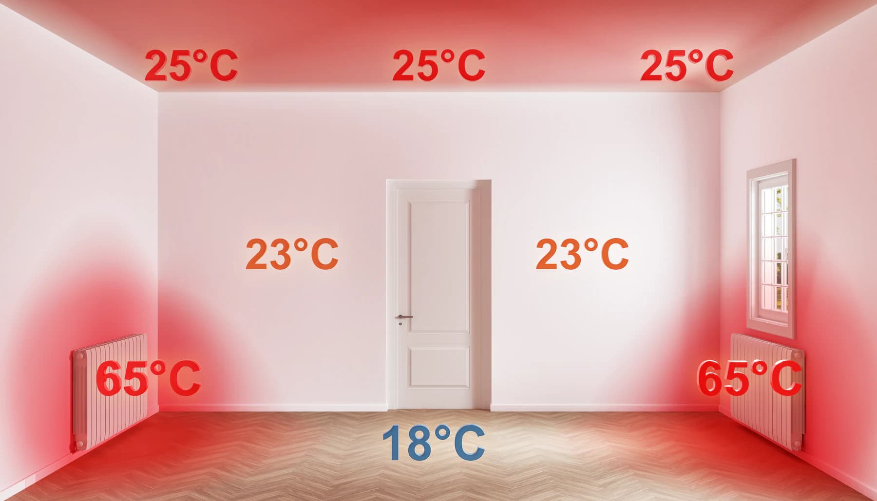 Explanatory CGI showing a radiator temperature distribution concept in a living room