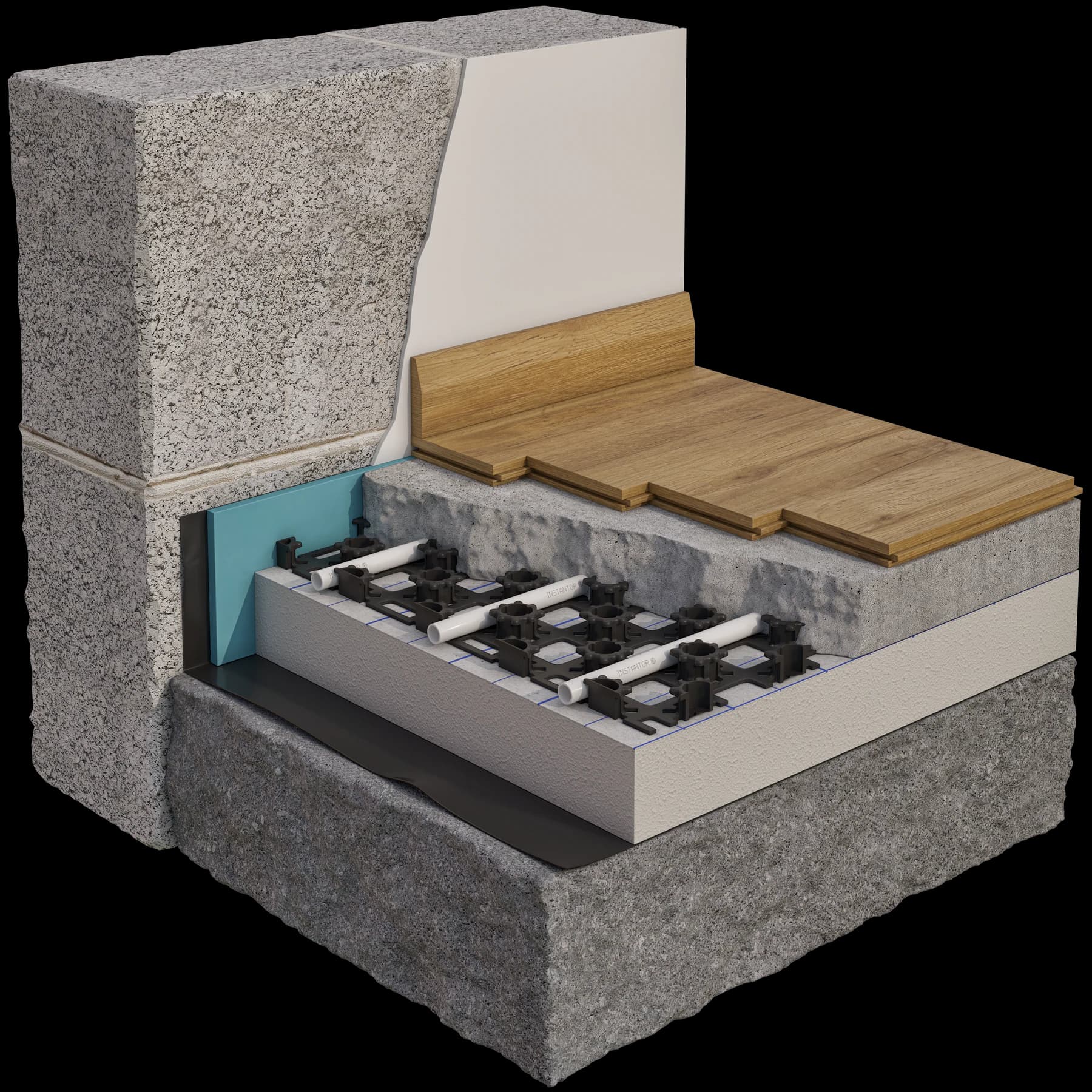 Exploded CGI cutaway of an underfloor-heating system using castellated panels in a solid floor
