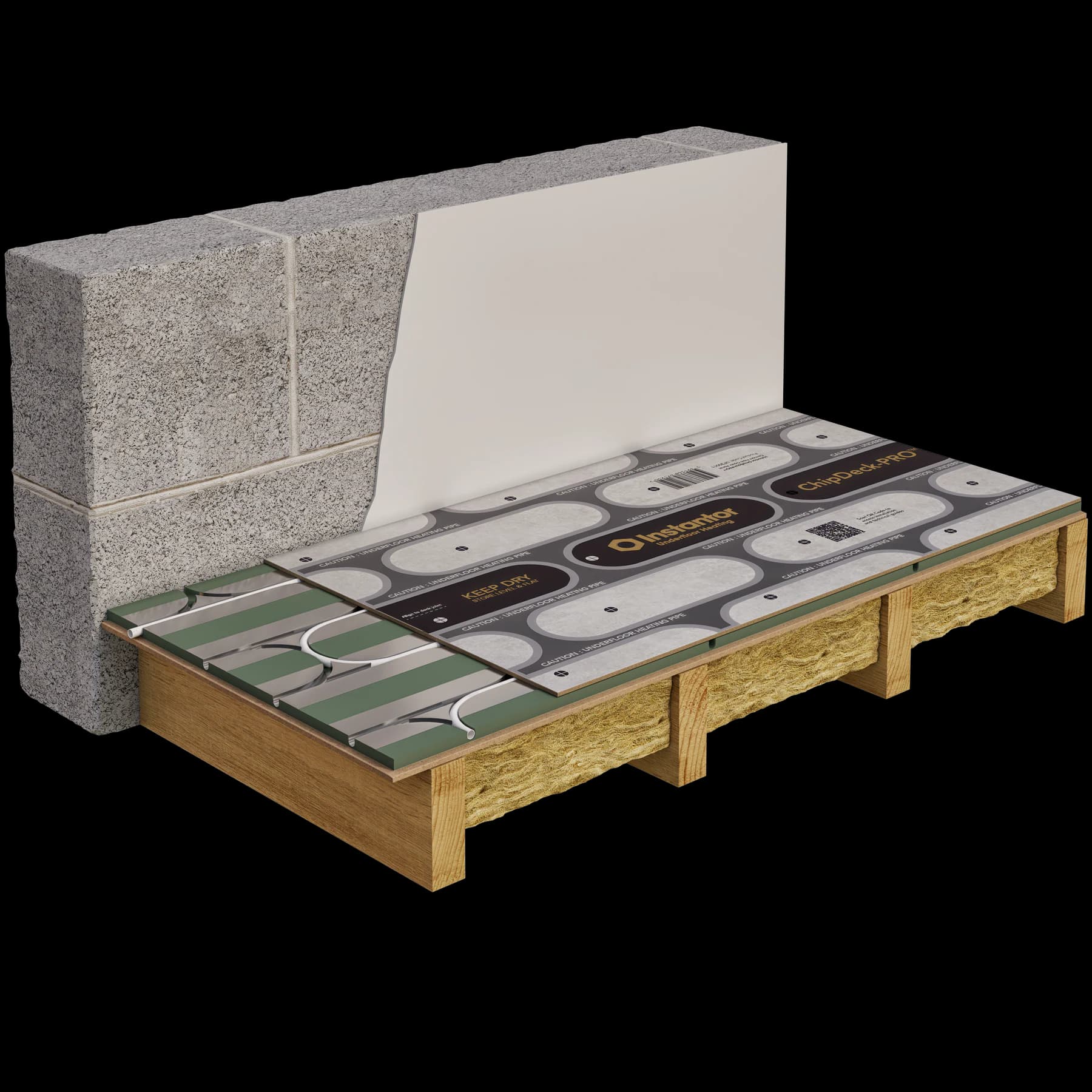Exploded CGI cutaway of an underfloor-heating system installed between suspended timber floor joists