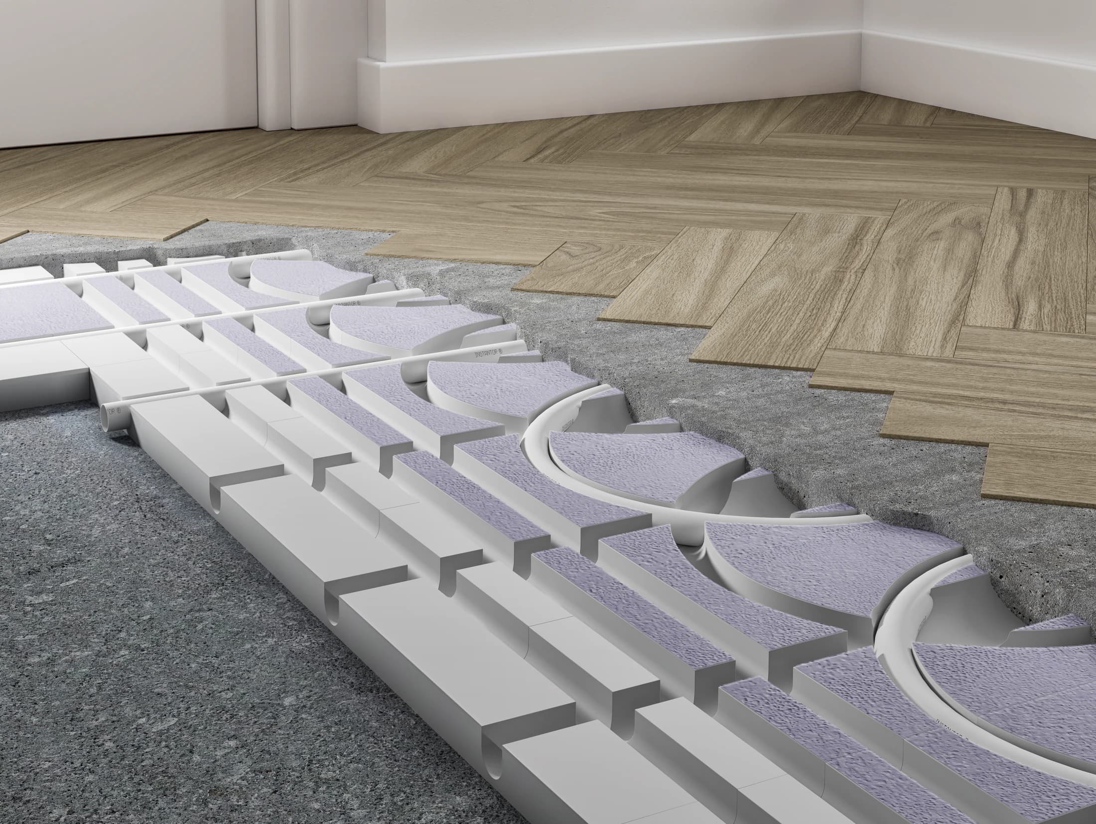 Instantor retrofit underfloor-heating system revealed beneath a timber floor in a lifestyle CGI room