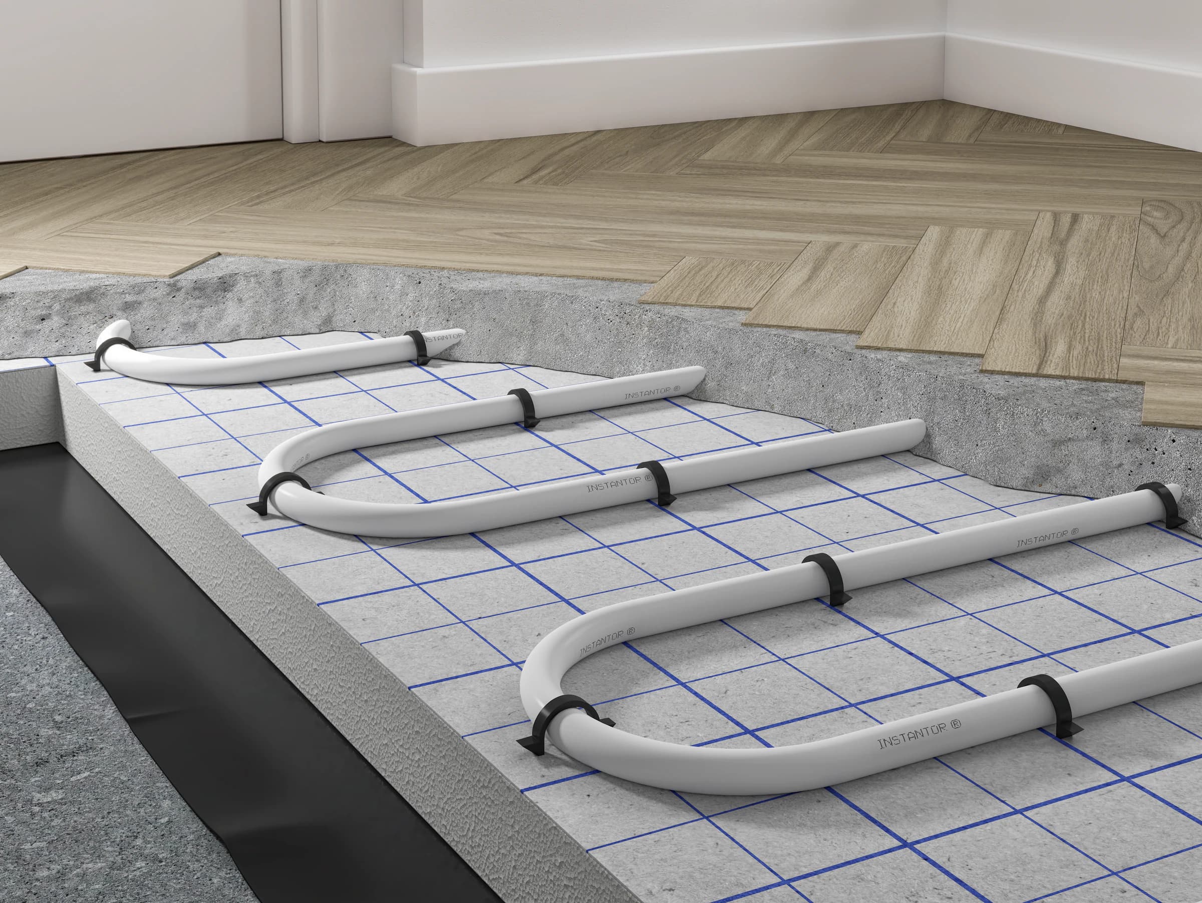 Instantor underfloor-heating pipe system revealed beneath a timber floor in a lifestyle CGI cutaway