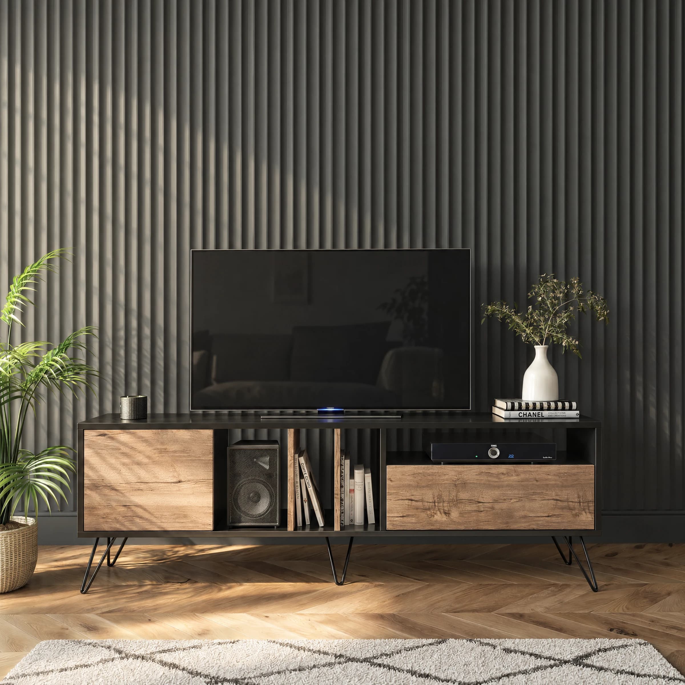 Dark slatted acoustic wall panels shown behind a television and timber cabinet in a living room product CGI scene