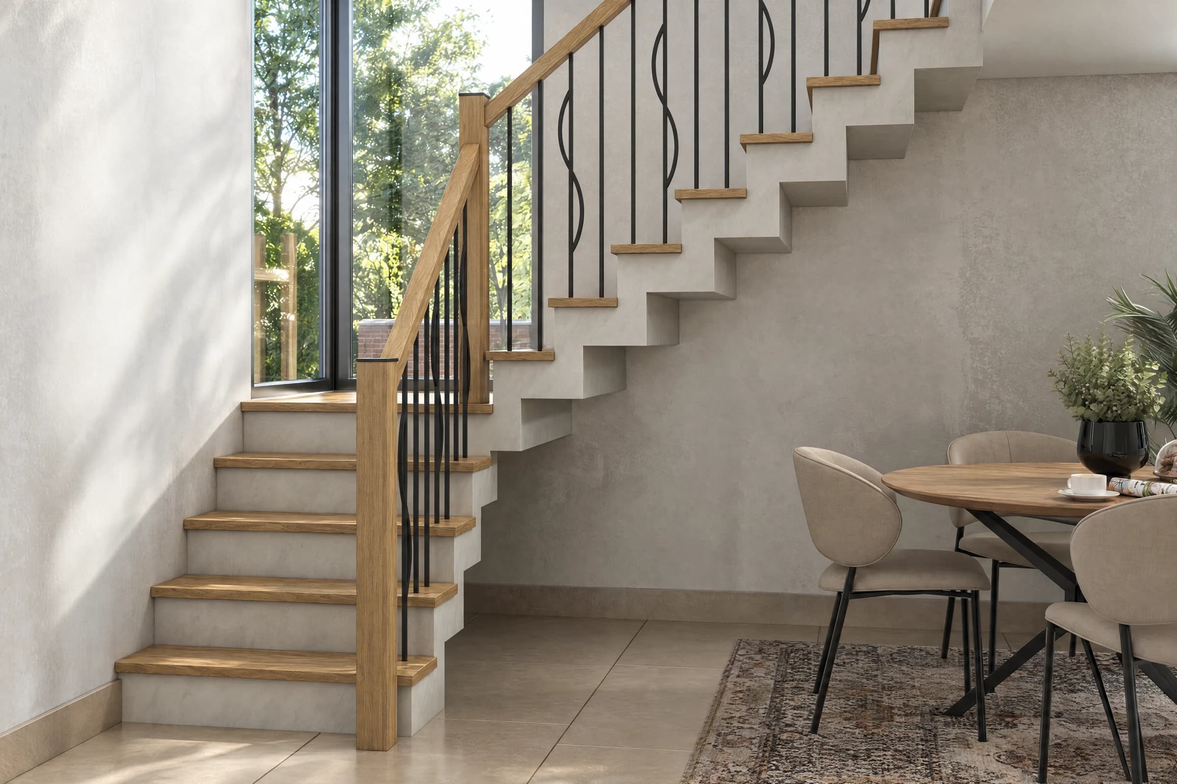 Dark metal stair balusters and an oak handrail shown along a staircase in daylight
