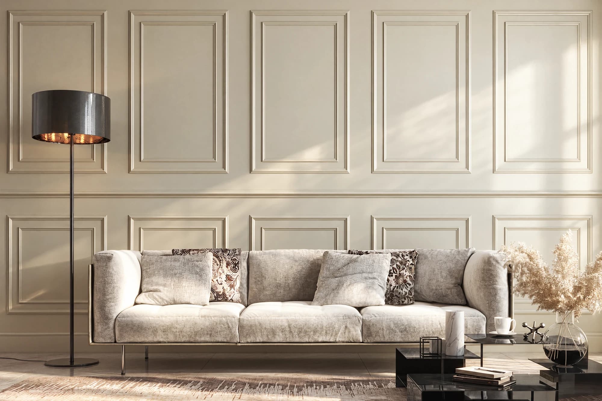 Cream decorative panel mouldings behind a light sofa in a styled living room CGI scene
