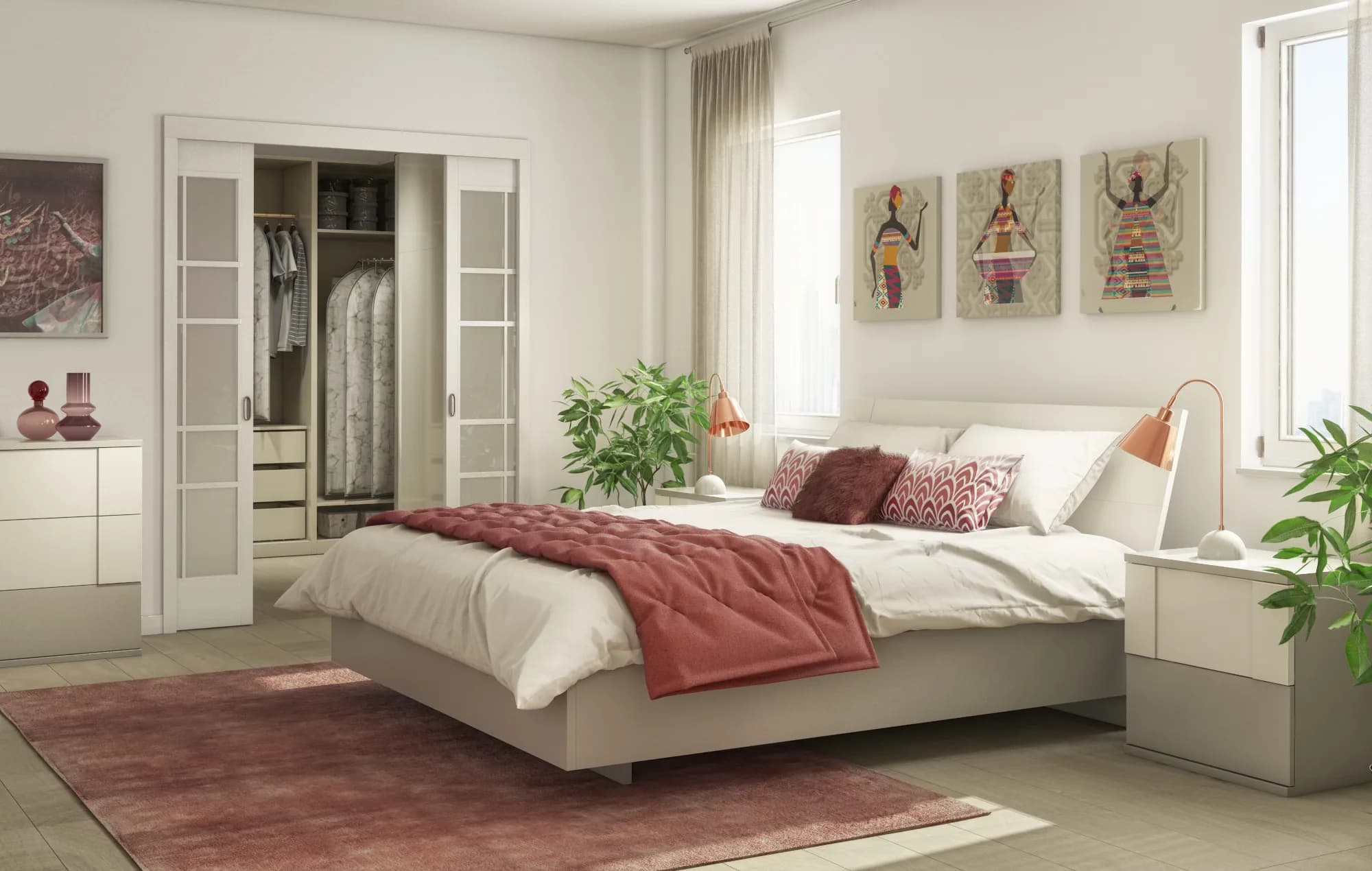Furniture CGI bedroom roomset showing a coordinated bed, wardrobe, bedside units and finishes