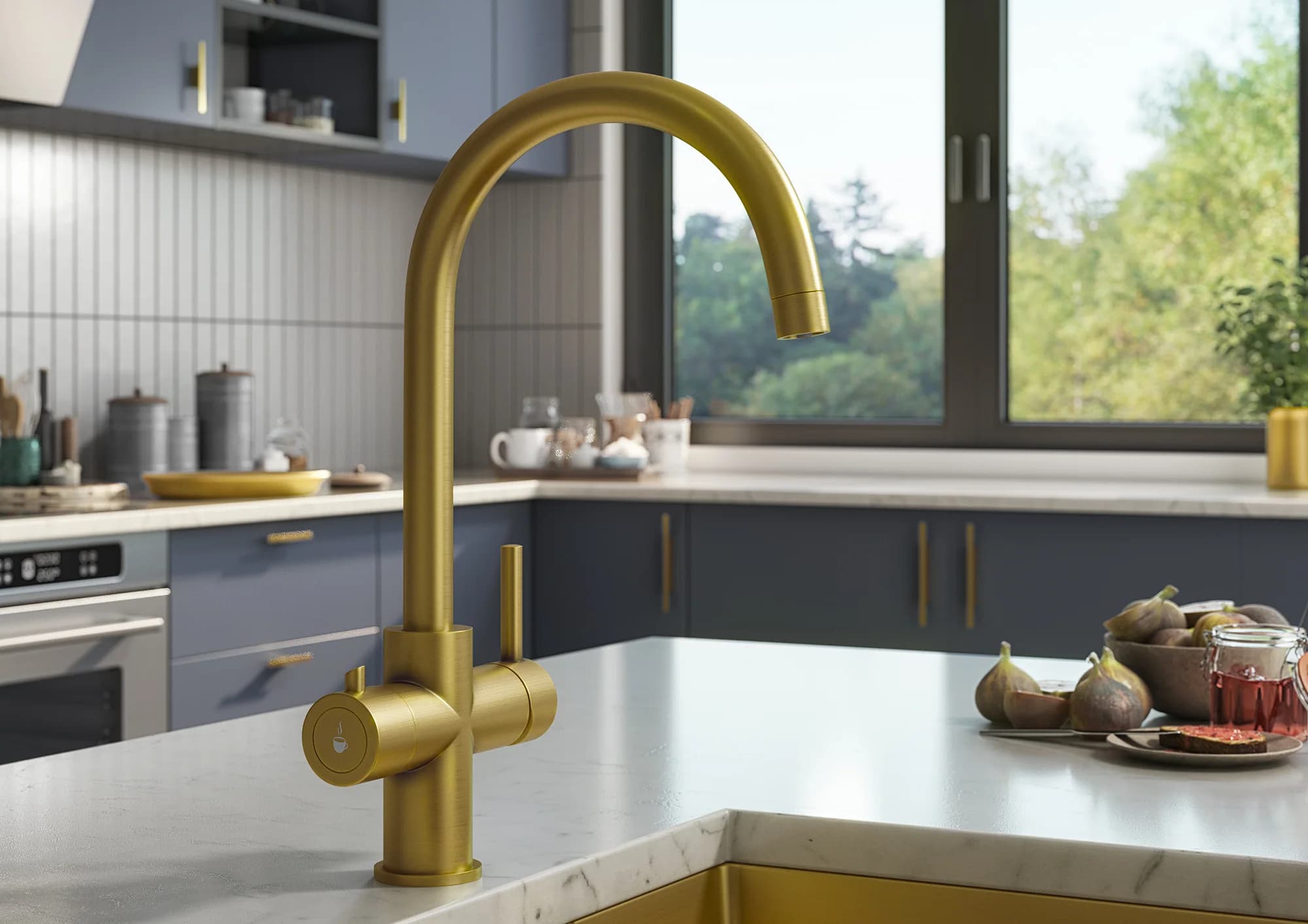 Brushed gold boiling tap shown in a kitchen product CGI lifestyle setting