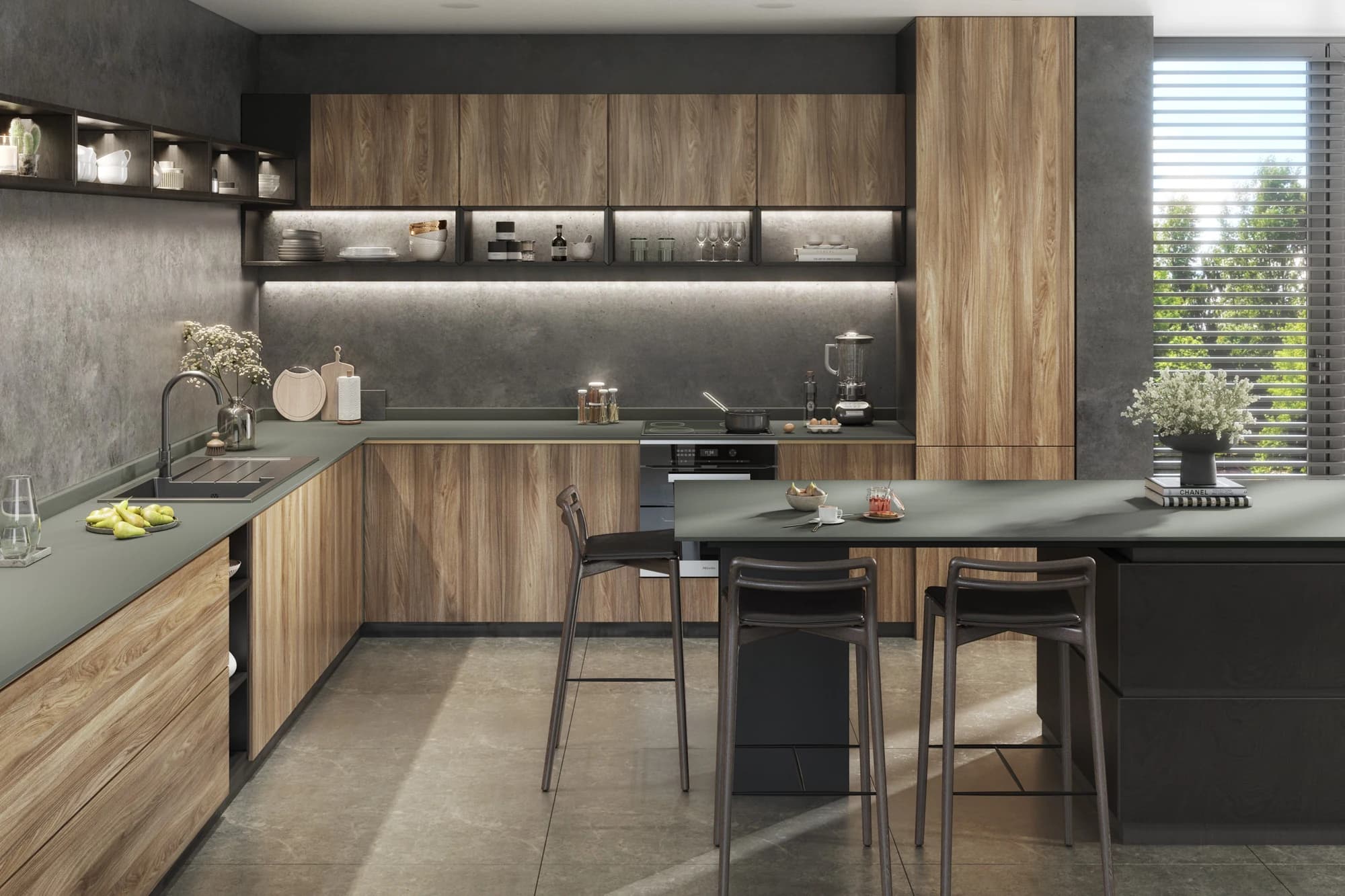 Surface material CGI scene for compact laminate, worktop and finish presentation