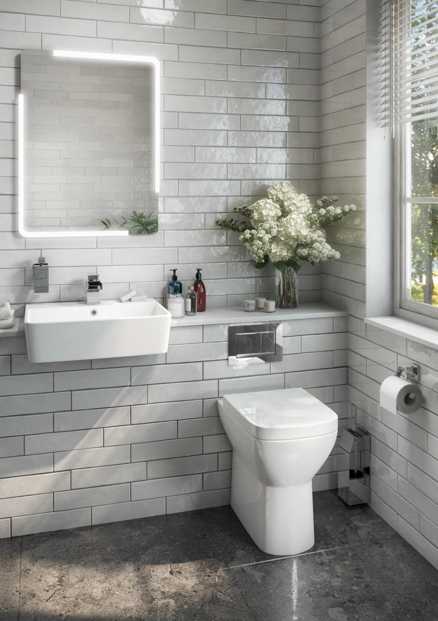 Coordinated bathroom product range presented as catalogue-ready CGI