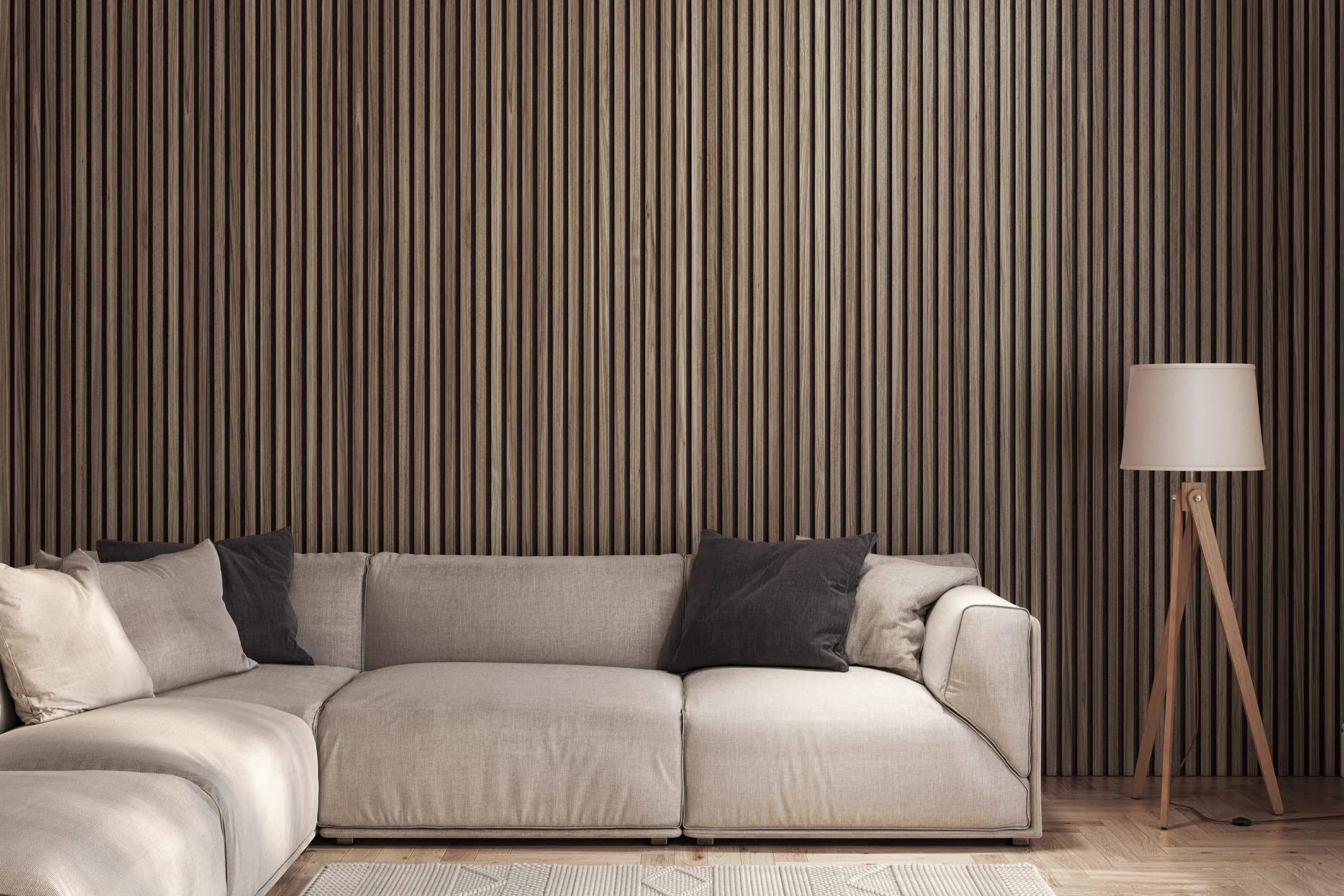 Walnut acoustic wall panels shown in a living-room product CGI scene