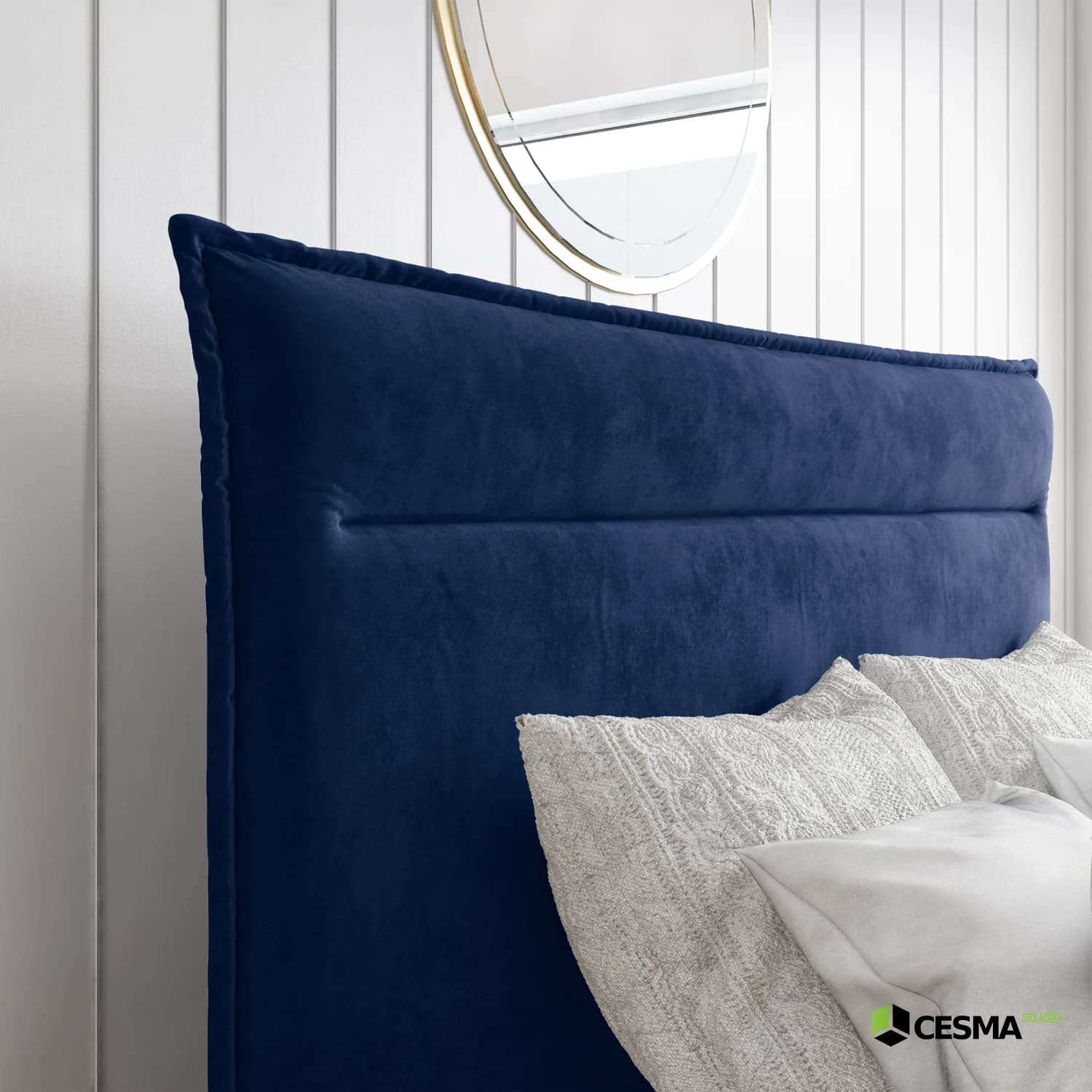 Close furniture CGI view showing navy velvet upholstery and bed detail