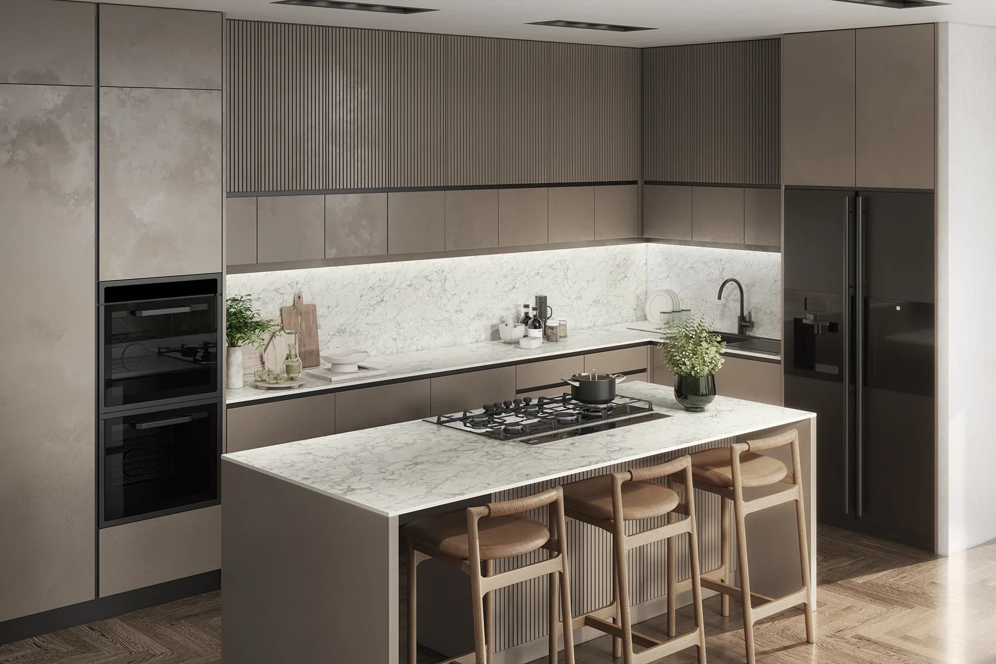 Albina marble compact laminate worktop shown in a modern kitchen CGI scene