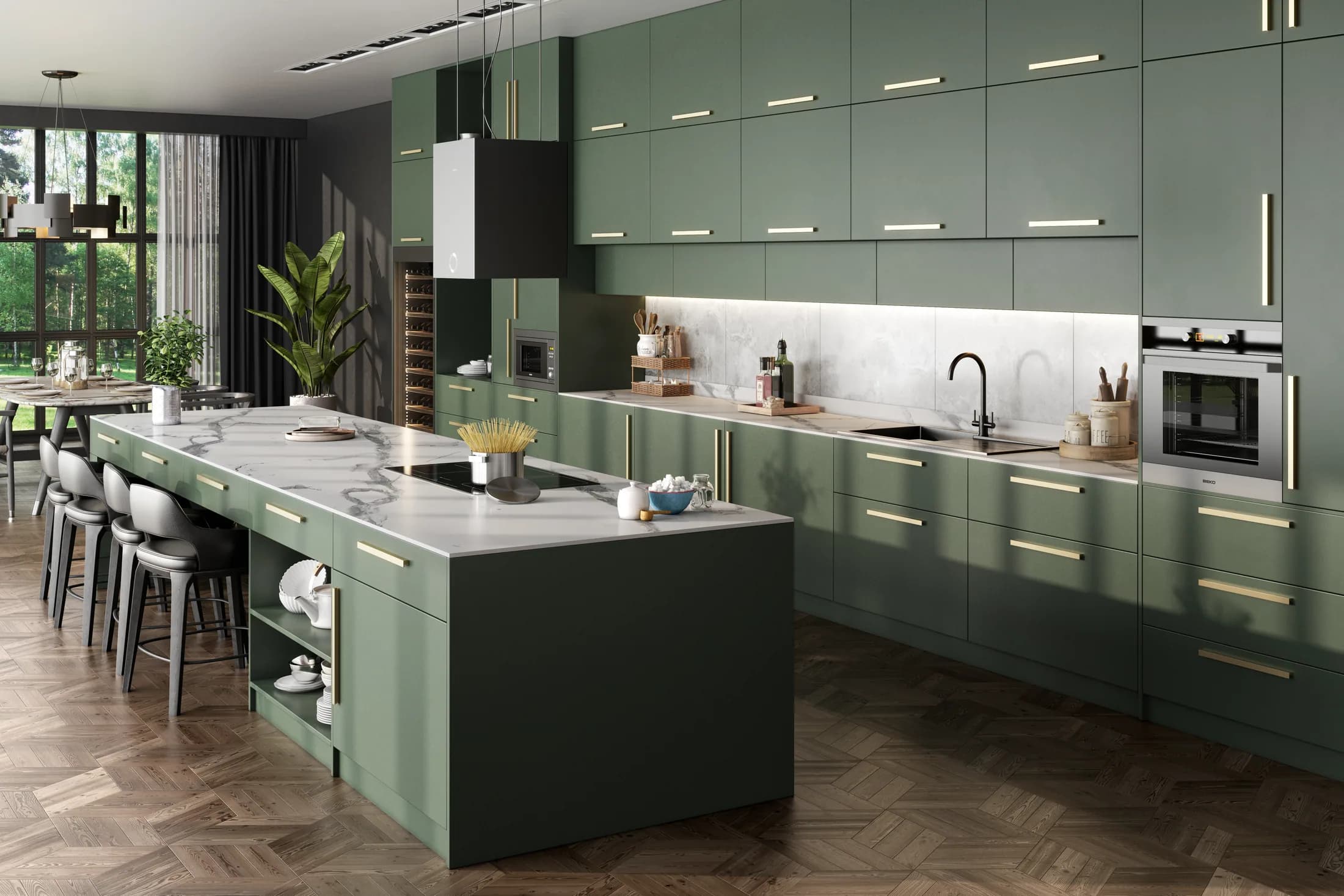 Classic marble worktop and splashback presented in a green kitchen CGI scene