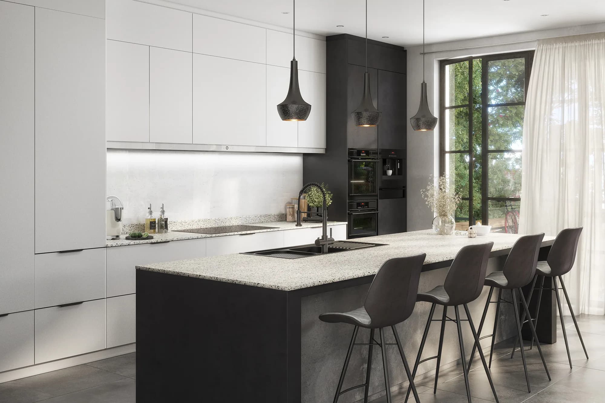 Dalmato terrazzo solid-surface worktop presented in a modern kitchen CGI scene
