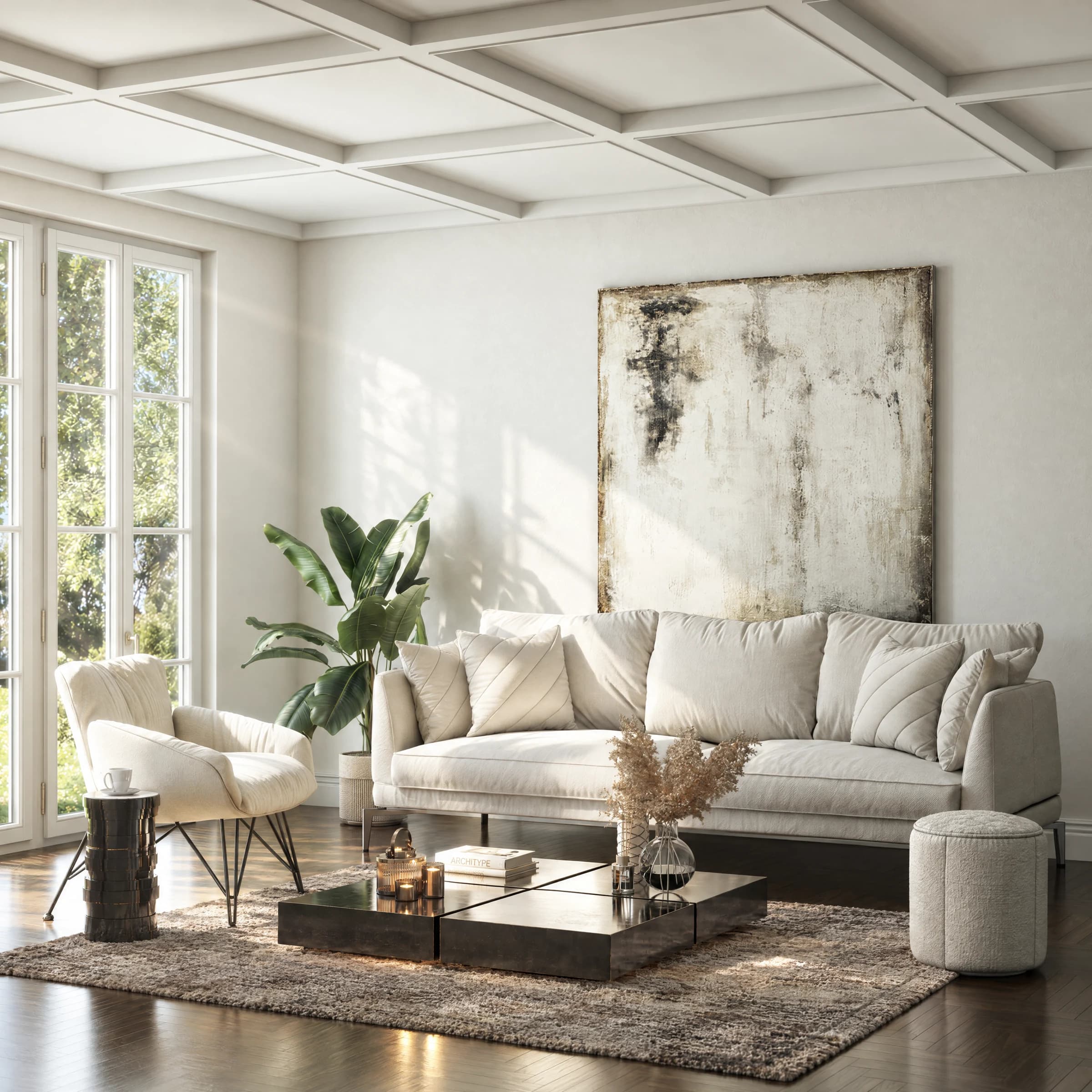 White coffered ceiling and decorative wall mouldings above a light sofa in a daylight living room CGI scene