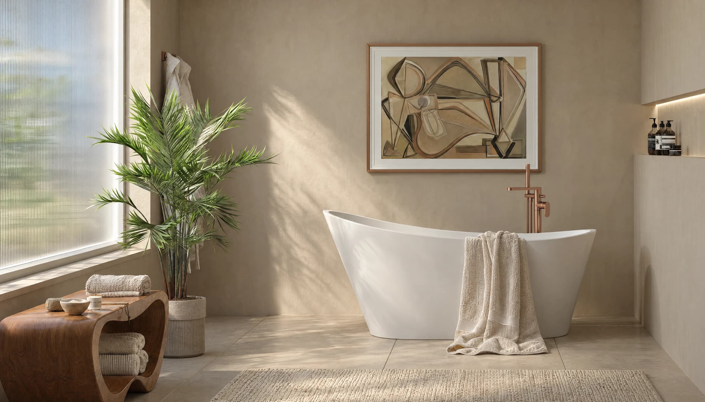 White freestanding bath with warm metallic brassware beside a window in a beige bathroom CGI roomset