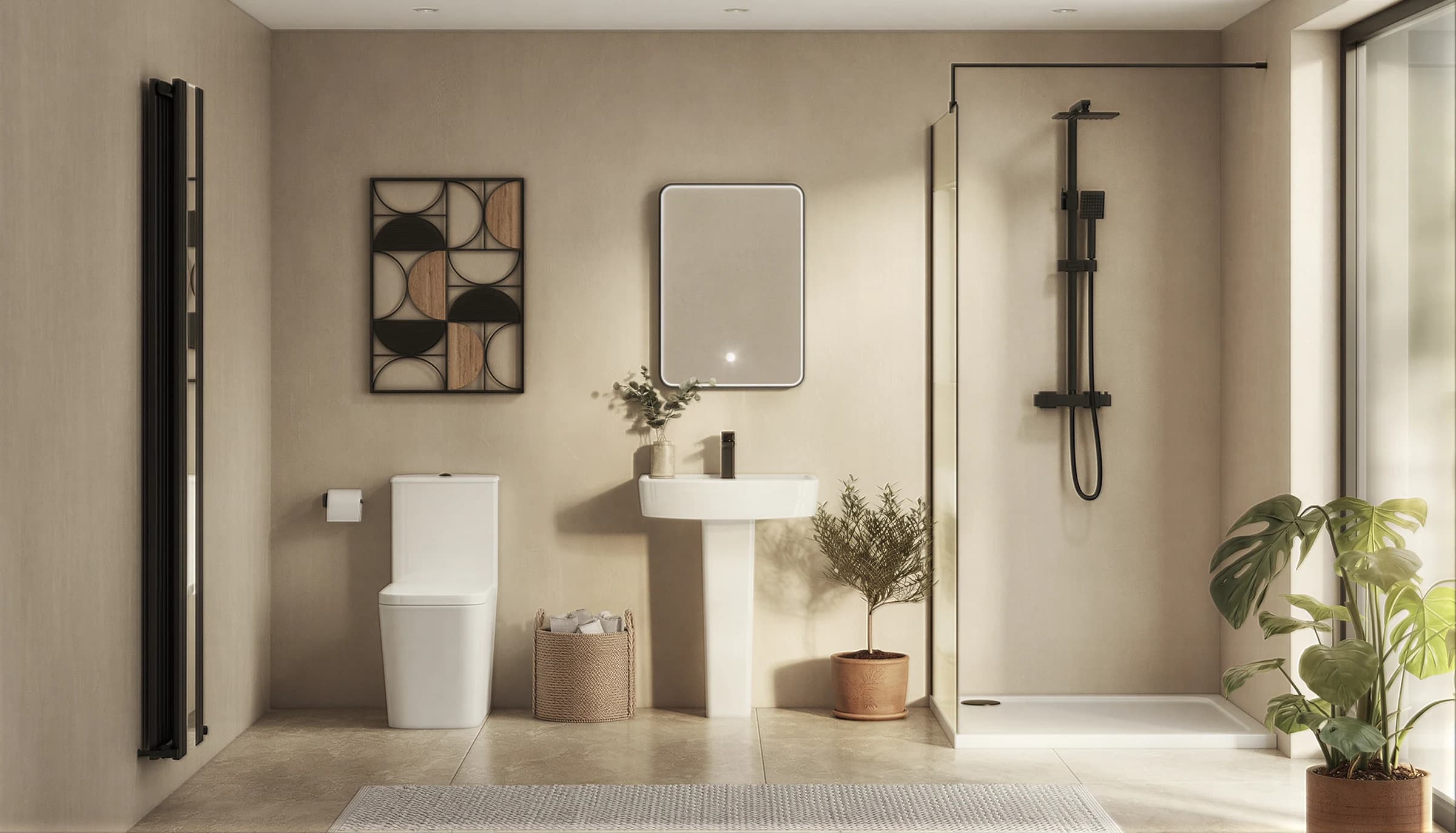 Wall-hung vanity and toilet beside a dark-framed shower enclosure in a beige bathroom CGI roomset