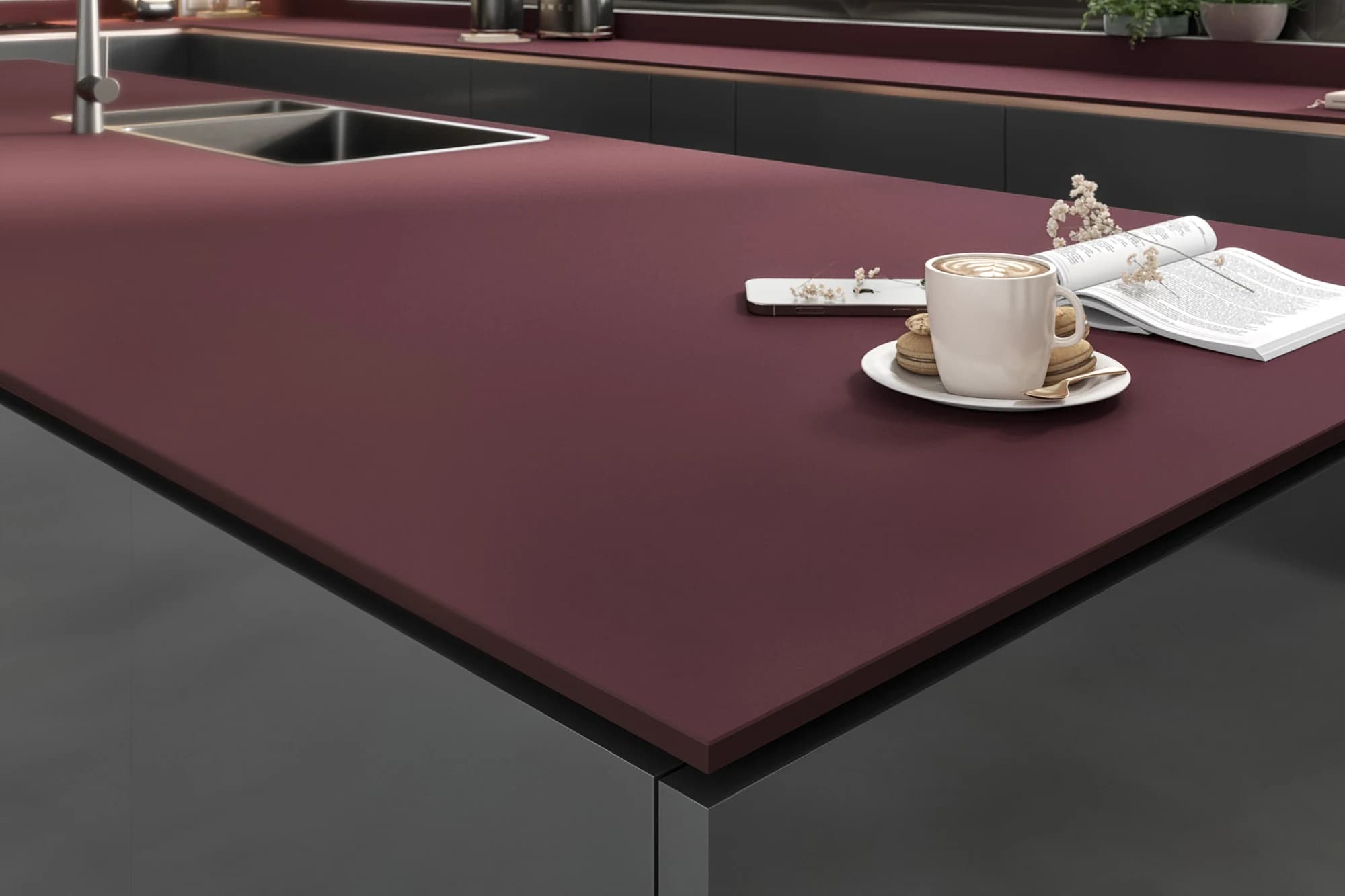 Rosso Jaipur compact FENIX worktop corner detail CGI