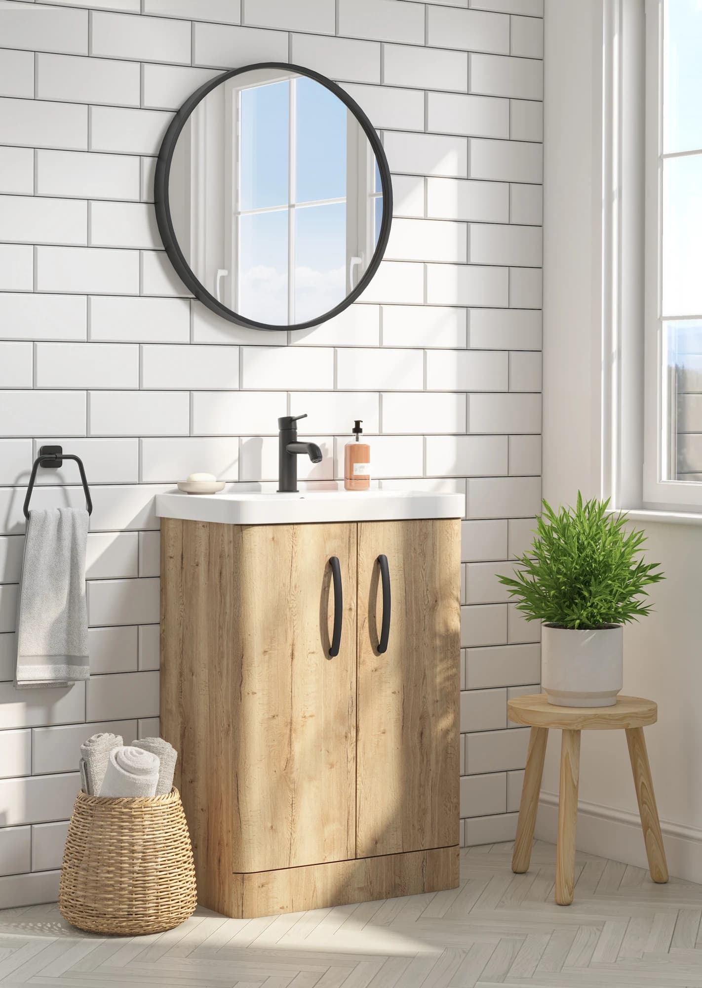 Halifax oak bathroom vanity product CGI with matt black fittings
