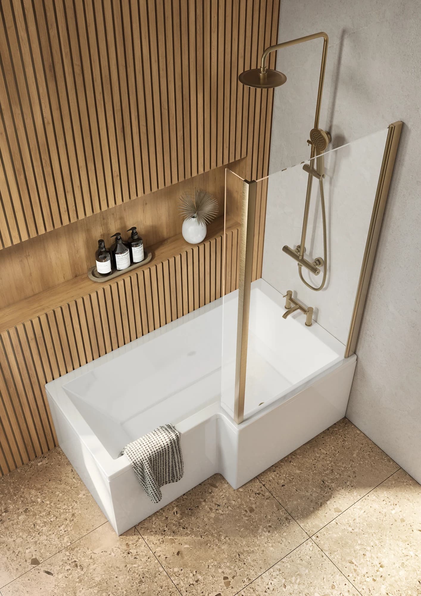 Shower bath lifestyle CGI with brushed brass fittings and timber wall detail